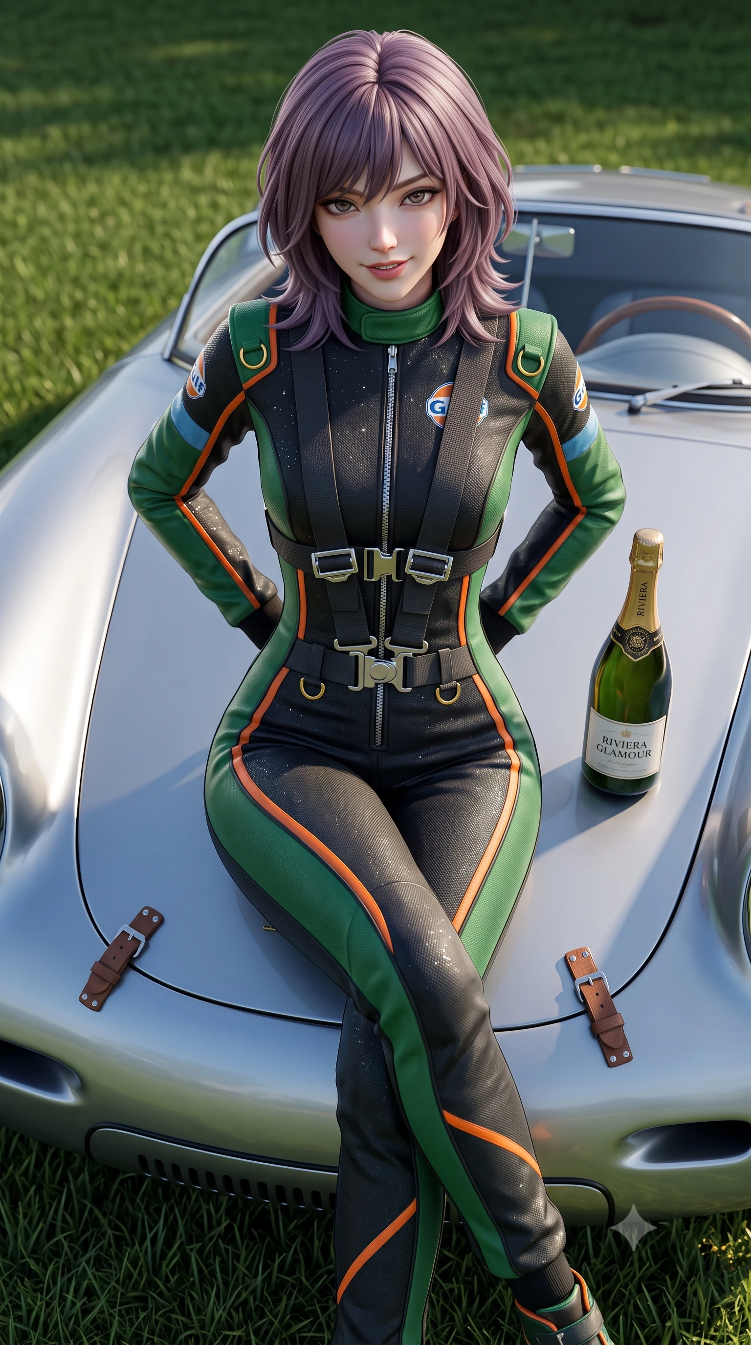 score_9, masterpiece, best quality, ultra-detailed, high-budget anime keyframe, semi-realistic 3D game render, editorial fashion photography, tasteful artistic composition, Japanese woman. close-up cowboy shot from the waist and thighs up, the character dominates the composition, filling the frame with her large presence. resting both hands lightly behind her back while leaning toward the lens with a cheerful, teasing grin, her form-fitting athletic suit hugging her narrow waist and hip curve while sitting perched on the speedster's low rear deck with legs crossed, holding a bottle of chilled champagne with vintage Riviera glamour. The surrounding environment is rendered in vivid detail and crisp panoramic clarity: sharp speedster curved aluminum body lines, leather bonnet strap buckles, and lawn grass blade clarity in deep focus. She has an exceptionally elegant, slender, and willowy female figure with an ultra-slim waist, flat toned midriff, narrow ribcage, and sculpted feminine hips creating an alluring, slim hourglass silhouette without bulk. sharp v-shaped jawline, high-bridge nose, sparkling eyes with athletic focus and depth, thick curled eyelashes, glossy parted lips with a natural coral-peach sheen, bright confident and coquettish smile with alluring bedroom-eyes, exuding both youthful sporty vigor and sovereign high-society glamour, flawlessly proportioned anatomical accuracy, strict slender model proportions, natural body alignment, perfectly sculpted long slender limbs, ultra-slim waistline, clean dynamic posture without body distortion. wearing a high-performance speeder racing suit in matte black and Wimbledon green with gold hardware rings in vintage Porsche Gulf blue and vibrant race orange, woven from metallic lurex and technical nylon with subtle starlight glints, finished with polished chrome zipper pulls and racing harness buckle hardware, the form-fitting tailored bodice adhering flawlessly to her sculpted flat midriff and slender torso, emphasizing her long leg lines and perfectly proportioned willowy build. illuminated by polished car aluminum bounce and sharp platinum rim lights defining her razor-sharp jawline, narrow waist, and curvy hips. highly saturated vibrant anime colors, detailed shading with soft gradients, rich glossy textures, high-contrast stereoscopic depth, volumetric dynamic lighting, master piece, 9:16 ratio
