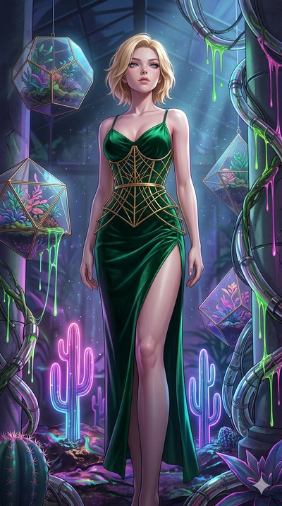 score_9, masterpiece, best quality, ultra-detailed, high-budget anime keyframe, Korean woman. low angle full-body shot filling the entire 9:16 frame with her statuesque presence, stretching the vertical silhouette. standing in a retro-futuristic synt
