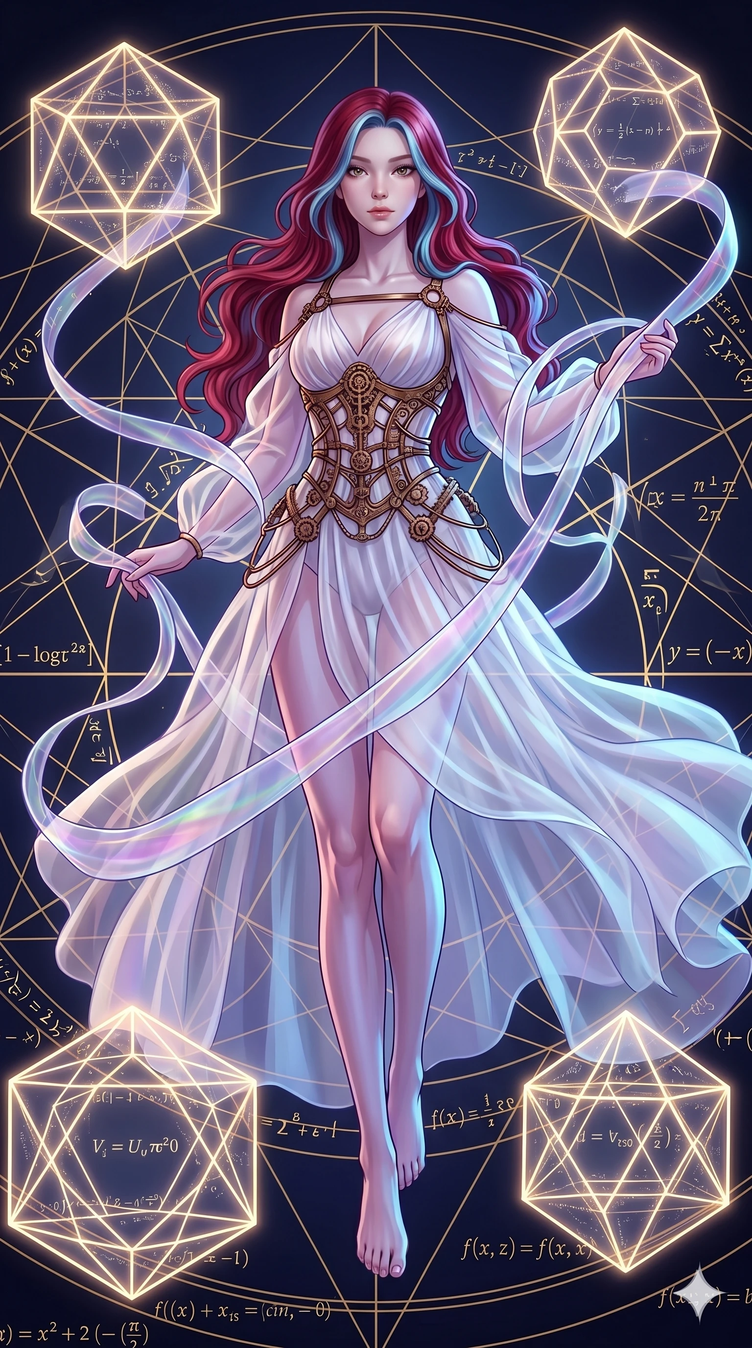 score_9, masterpiece, best quality, ultra-detailed, high-budget anime keyframe, Caucasian woman, strictly human ears. low angle full-body shot filling the entire 9:16 frame with her statuesque presence, stretching the vertical silhouette. floating gracefully in a mathematical mandala void filled with golden geometric lines of complex formulas, holding a translucent ribbon as she glides between floating regular polyhedrons. She has an absolutely perfect 8-heads proportion, an exceptionally tall and slender female figure with impossibly long slender legs and an ultra-slim waist. V-shaped jawline, high-bridge nose, intricate jewel-like eyes with depth, thick eyelashes, glossy lips with a natural sheen.. wearing a chrono-gear wire harness couture, featuring micro-bronze gear wire harness cinching her waist, over a sheer white organza dress. accented by dynamic color-blocked lighting with high-contrast shadows emphasizing her statuesque height. 2k, ultra detail, master piece, 9:16 ratio
