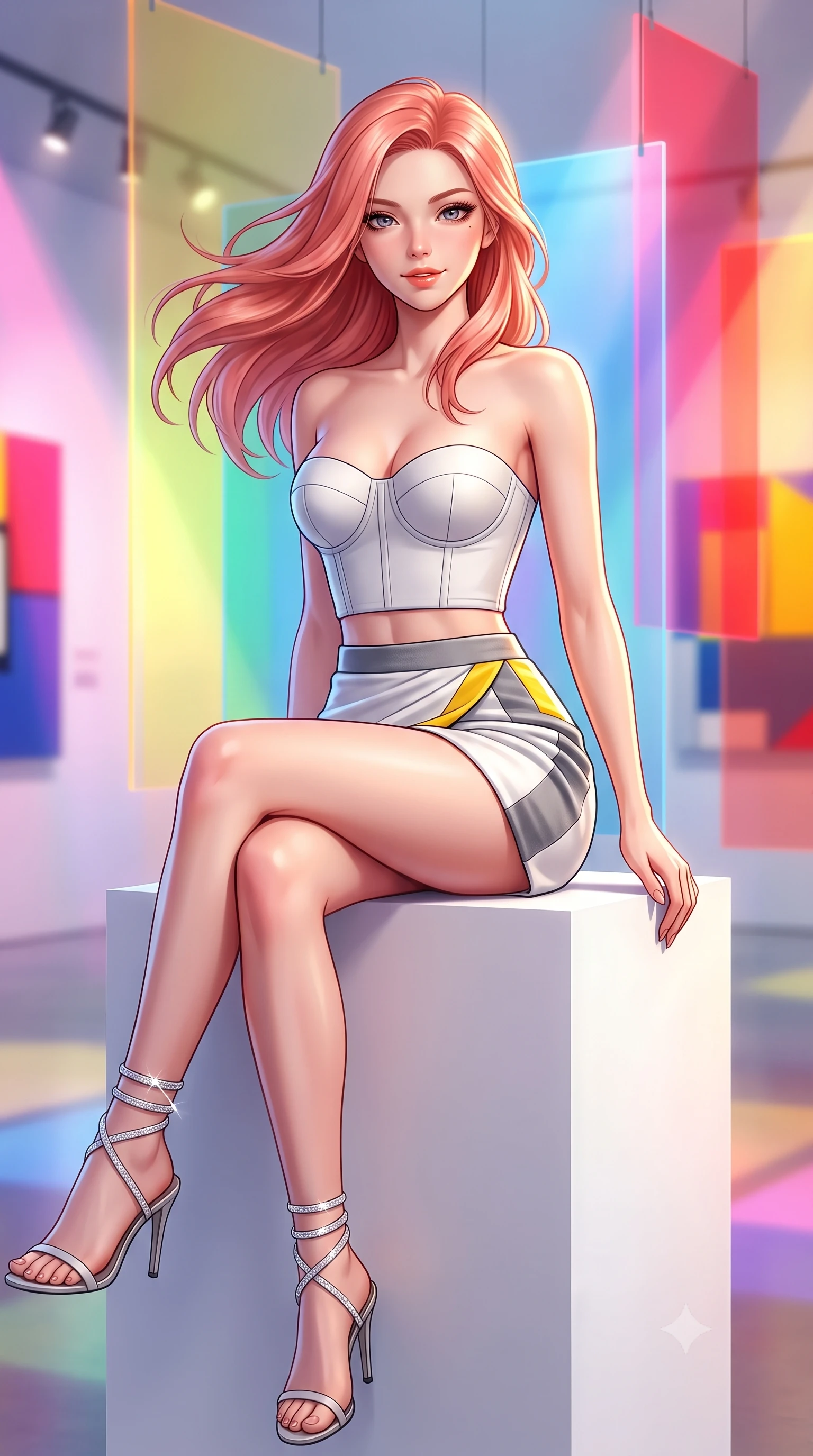 score_9, masterpiece, best quality, ultra-detailed, high-budget anime keyframe, semi-realistic 3D game render, editorial fashion photography, tasteful artistic composition, Japanese woman. close-up cowboy shot from the waist and thighs up, the character dominates the composition, filling the frame with her large presence. turning slowly with an enchanting smoldering smile, her glossy hair tossing in the breeze as her hips angle gracefully in a captivating contrapposto while sitting perched on a minimalist white cube with legs crossed, flashing a playful, teasing smile with glossy parted lips. The background shows a soft-focus modern art spotlights softened in vibrant De Stijl shallow focus. She has an exceptionally elegant, slender, and willowy female figure with an ultra-slim waist, flat toned midriff, narrow ribcage, and sculpted feminine hips creating an alluring, slim hourglass silhouette without bulk. sharp v-shaped jawline, high-bridge nose, sparkling eyes with hypnotic seductive depth, thick curled eyelashes, glossy parted lips with a natural dewy peach sheen, alluring bedroom-eyes with an enchanting coquettish smile, exuding magnetic siren charisma and sophisticated glamour, flawlessly proportioned anatomical accuracy, strict slender model proportions, natural body alignment, perfectly sculpted long slender limbs, ultra-slim waistline, clean dynamic posture without body distortion. wearing a structured strapless boned neoprene bustier top paired with an ultra-short architectural wrap mini skirt in Bauhaus optic white and concrete grey with primary yellow accents, tailored from ultra-plush velvet with rich tactile depth and deep shadow gradients, complemented by strappy stiletto sandals with crystal ankle wraps accentuating her slender calves, the second-skin tailored fabric adhering flawlessly to her sculpted flat midriff and slender torso, emphasizing her long leg lines and perfectly proportioned willowy build. bathed in shifting primary-color light beams transmitted through suspended translucent acrylic panels. highly saturated vibrant anime colors, detailed shading with soft gradients, rich glossy textures, high-contrast stereoscopic depth, volumetric dynamic lighting, master piece, 9:16 ratio