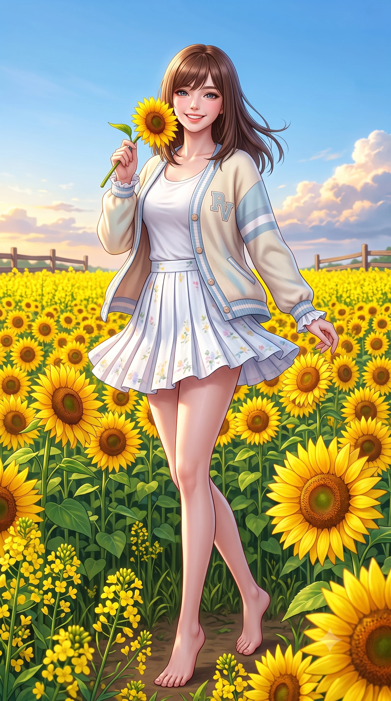 score_9, masterpiece, best quality, ultra-detailed, high-budget anime keyframe, semi-realistic 3D game render, editorial fashion photography, tasteful artistic composition, Korean woman. low angle full-body shot from head to toe showing her feet, filling the entire 9:16 vertical frame with her statuesque presence, stretching her vertical silhouette. pivoting dynamically with a fresh infectious smile, her ultra-slim waist and long slender legs creating a fluid graceful line while standing immersed in a vast sea of vibrant yellow sunflowers, holding one bloom close to her cheek with a dazzling smile. The surrounding environment is rendered in vivid detail and crisp panoramic clarity. vibrant yellow canola blossoms, rustic farm fences, and glowing evening clouds in high clarity. She has an absolutely perfect, statuesque 8.5-heads proportion, an exceptionally tall and slender model-like female figure with impossibly long slender legs, a toned flat midriff, and an ultra-slim waist. sharp v-shaped jawline, high-bridge nose, intricate jewel-like eyes with depth, thick eyelashes, glossy lips with a natural sheen, pure and lovely fresh girlhood expression, flawlessly proportioned anatomical accuracy, strict slender model proportions, natural body alignment, perfectly sculpted long slender limbs, ultra-slim waistline, clean dynamic posture without body distortion. wearing a chic pastel varsity cardigan over a simple white scoop-neck tee and a pleated mini skirt in fresh alpine white with subtle pastel floral accents, crafted from soft breathable linen that flutters gently in the breeze, accented with soft smocked elastic details and ruffled cuff trims, the tailored casual silhouette highlighting her fresh and youthful presence and perfectly proportioned slender frame. surrounded by a heartwarming, radiant, and delightfully sunny countryside princess aura. highly saturated vibrant anime colors, detailed shading with soft gradients, rich glossy textures, high-contrast stereoscopic depth, volumetric dynamic lighting, master piece, 9:16 ratio