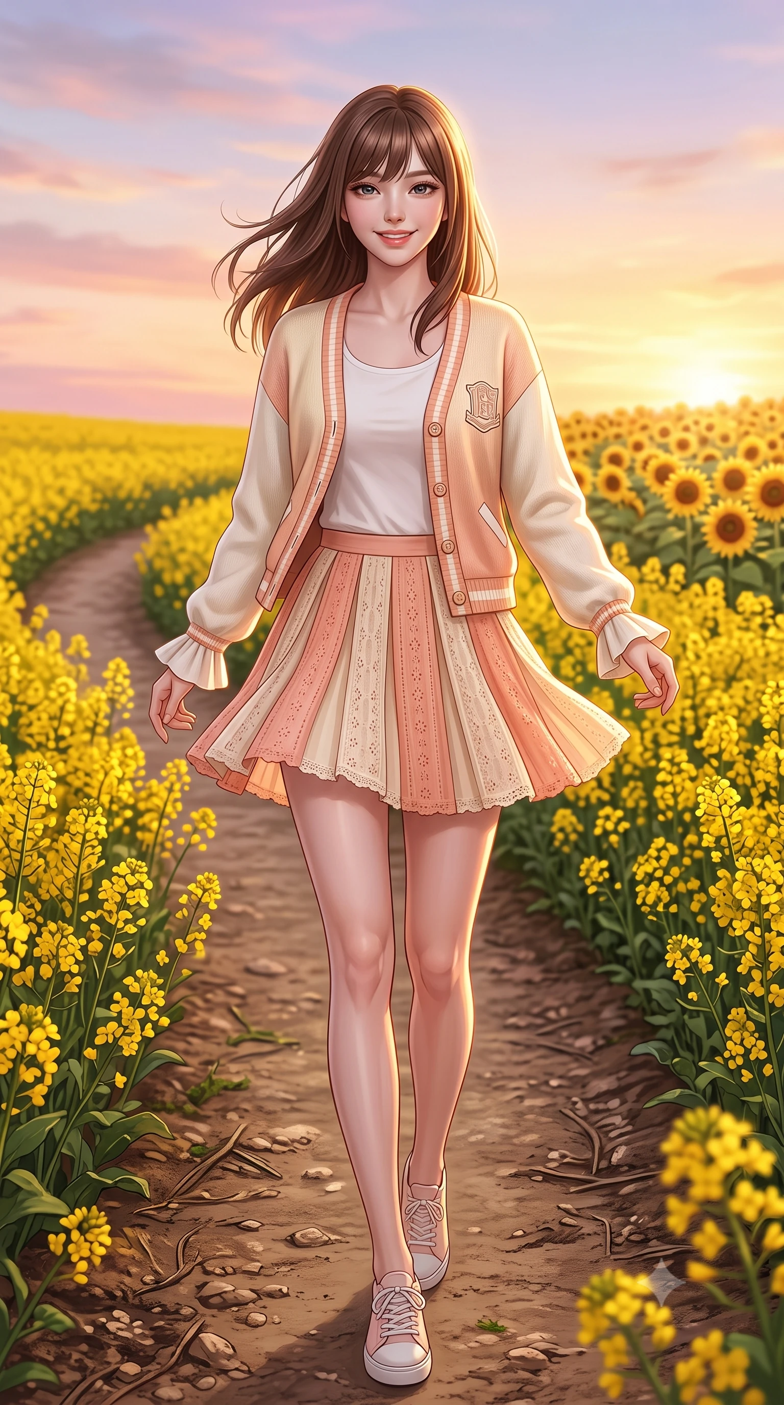 score_9, masterpiece, best quality, ultra-detailed, high-budget anime keyframe, semi-realistic 3D game render, editorial fashion photography, tasteful artistic composition, Korean woman. low angle full-body shot from head to toe showing her feet, filling the entire 9:16 vertical frame with her statuesque presence, stretching her vertical silhouette. pivoting dynamically with a fresh infectious smile, her ultra-slim waist and long slender legs creating a fluid graceful line while walking gracefully along a winding dirt path bordered by golden canola blooms as the sunset paints the sky in pastel hues. The surrounding environment is rendered in vivid detail and crisp panoramic clarity. intricate sunflower petals, golden pollen details, and textured soil pathways rendered in deep focus. She has an absolutely perfect, statuesque 8.5-heads proportion, an exceptionally tall and slender model-like female figure with impossibly long slender legs, a toned flat midriff, and an ultra-slim waist. sharp v-shaped jawline, high-bridge nose, intricate jewel-like eyes with depth, thick eyelashes, glossy lips with a natural sheen, pure and lovely fresh girlhood expression, flawlessly proportioned anatomical accuracy, strict slender model proportions, natural body alignment, perfectly sculpted long slender limbs, ultra-slim waistline, clean dynamic posture without body distortion. wearing a chic pastel varsity cardigan over a simple white scoop-neck tee and a pleated mini skirt in warm peach blossom pink and champagne ivory, woven with delicate eyelet lace and breathable cotton voile, featuring elegant flutter sleeves and a graceful open collar, the soft airy drape swaying gracefully with her dynamic movements, emphasizing her tall willowy build and slim waistline. bathed in gorgeous warm golden hour sunset backlighting creating a glowing rim light along her hair and figure. highly saturated vibrant anime colors, detailed shading with soft gradients, rich glossy textures, high-contrast stereoscopic depth, volumetric dynamic lighting, master piece, 9:16 ratio