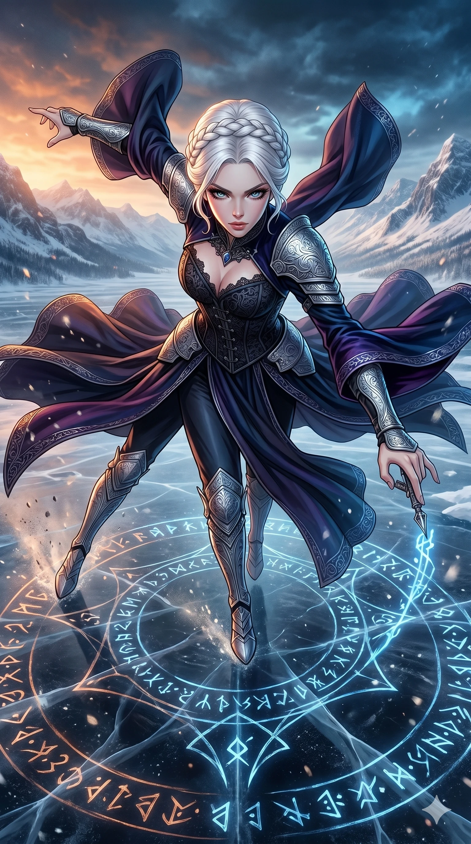 score_9, masterpiece, best quality, ultra-detailed, high-budget anime movie keyframe, cinematic anime lighting, intricate line art, Japanese woman. Extreme high angle shot as she leaps towards the camera, filling the frame. gliding across a frozen lake while drawing runes on the ice. She has an absolutely perfect 8-heads proportion, an exceptionally tall and slender female figure with an ultra-slim waist and impossibly long slender legs. strictly human anatomy, two legs only, no extra limbs, clearly defined legs and arms, perfect anatomy, perfect hands and fingers. sharp v-shaped jawline, high-bridge nose, intricate jewel-like eyes, thick eyelashes, glossy lips. Wearing Dark Fantasy: Gothic lace corset gown, bell-sleeved sorceress robes, and engraved silver plate armor over silk. The scene is illuminated by dramatic atmospheric lighting and vibrant color palettes. , 2k, ultra detail, master piece, 9:16 ratio