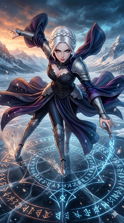 score_9, masterpiece, best quality, ultra-detailed, high-budget anime movie keyframe, cinematic anime lighting, intricate line art, Japanese woman. Extreme high angle shot as she leaps towards the camera, filling the frame. gliding across a frozen la