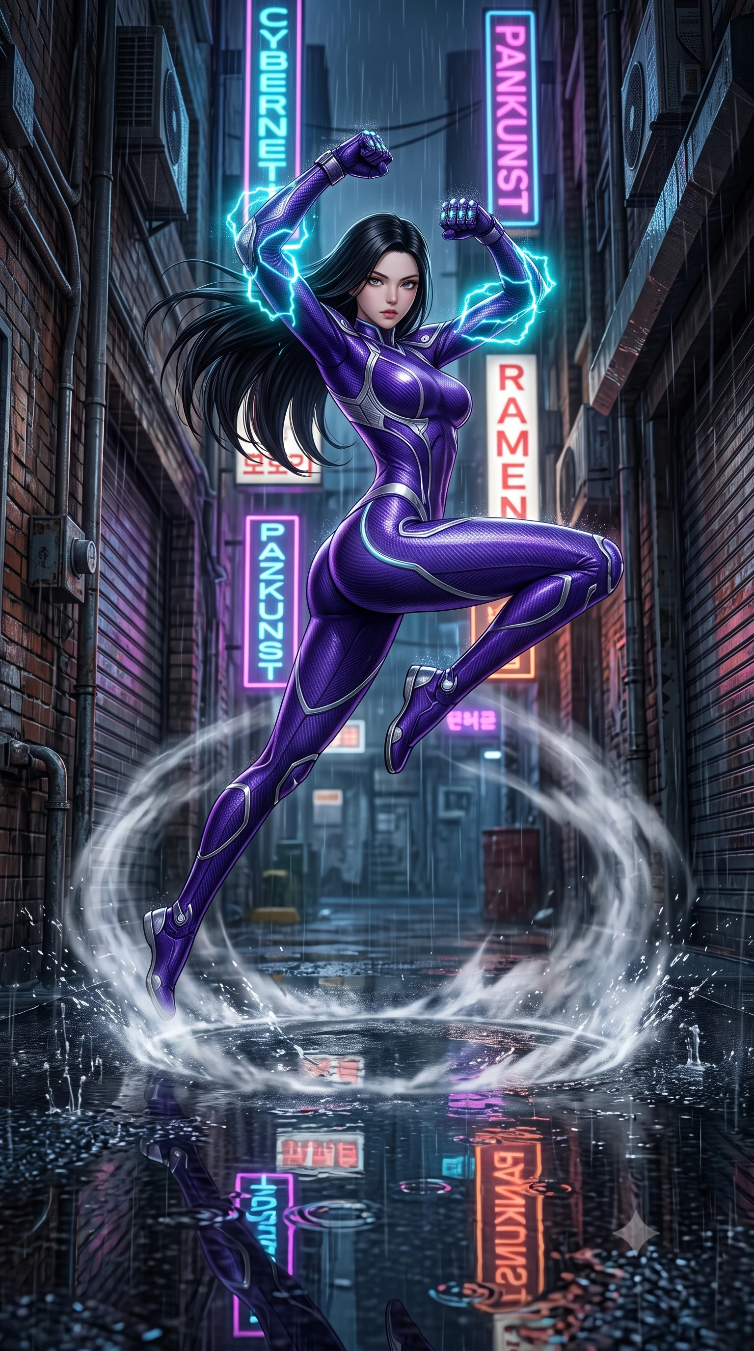 score_9, masterpiece, best quality, ultra-detailed, high-budget anime keyframe, semi-realistic 3D game render, editorial fashion photography, tasteful artistic composition, Korean woman. low angle full-body shot from head to toe showing her feet, filling the entire 9:16 vertical frame with her statuesque presence, stretching her vertical silhouette. leaping into mid-air with an athletic yet alluring arch of her spine, driving a downward kinetic strike surrounded by a ring of displaced air while assuming a defensive Panzer Kunst combat stance in a narrow rain-soaked cyberpunk alley as cyan electromagnetic arcs crackle on her elbows. The surrounding environment is rendered in vivid detail and crisp panoramic clarity. sharp splashing raindrop beads, wet asphalt reflections, and textured brick wall grain in deep focus. She has an absolutely perfect, statuesque 8.5-heads proportion, an exceptionally tall and slender model-like female figure with impossibly long slender legs, a toned flat midriff, and an ultra-slim waist. sharp v-shaped jawline, high-bridge nose, intricate jewel-like eyes with depth, thick eyelashes, glossy lips with a natural sheen, flawlessly proportioned anatomical accuracy, strict slender model proportions, natural body alignment, perfectly sculpted long slender limbs, ultra-slim waistline, clean dynamic posture without body distortion. wearing a precision-fitted royal purple carbon-fiber martial arts suit with silver accents and glowing micro-circuit knuckle plating in electric cobalt blue carbon with polished platinum trim, crafted from semi-translucent cybernetic carbon-vinyl interwoven with glowing micro-filaments, accented with glowing fiber-optic conduits tracing her collarbones and hip curves, the glove-like aerodynamic second-skin fit tightly clinging to her ultra-slender waist and athletic curves without adding bulk, accentuating her razor-sharp statuesque lines and slim hourglass silhouette. illuminated by wet reflective highlights tracing her sculpted flat midriff, waist, and long legs. rich saturated anime colors with glowing neon highlights, detailed shading with soft gradients, rich glossy textures, high-contrast stereoscopic depth, volumetric dynamic lighting, master piece, 9:16 ratio