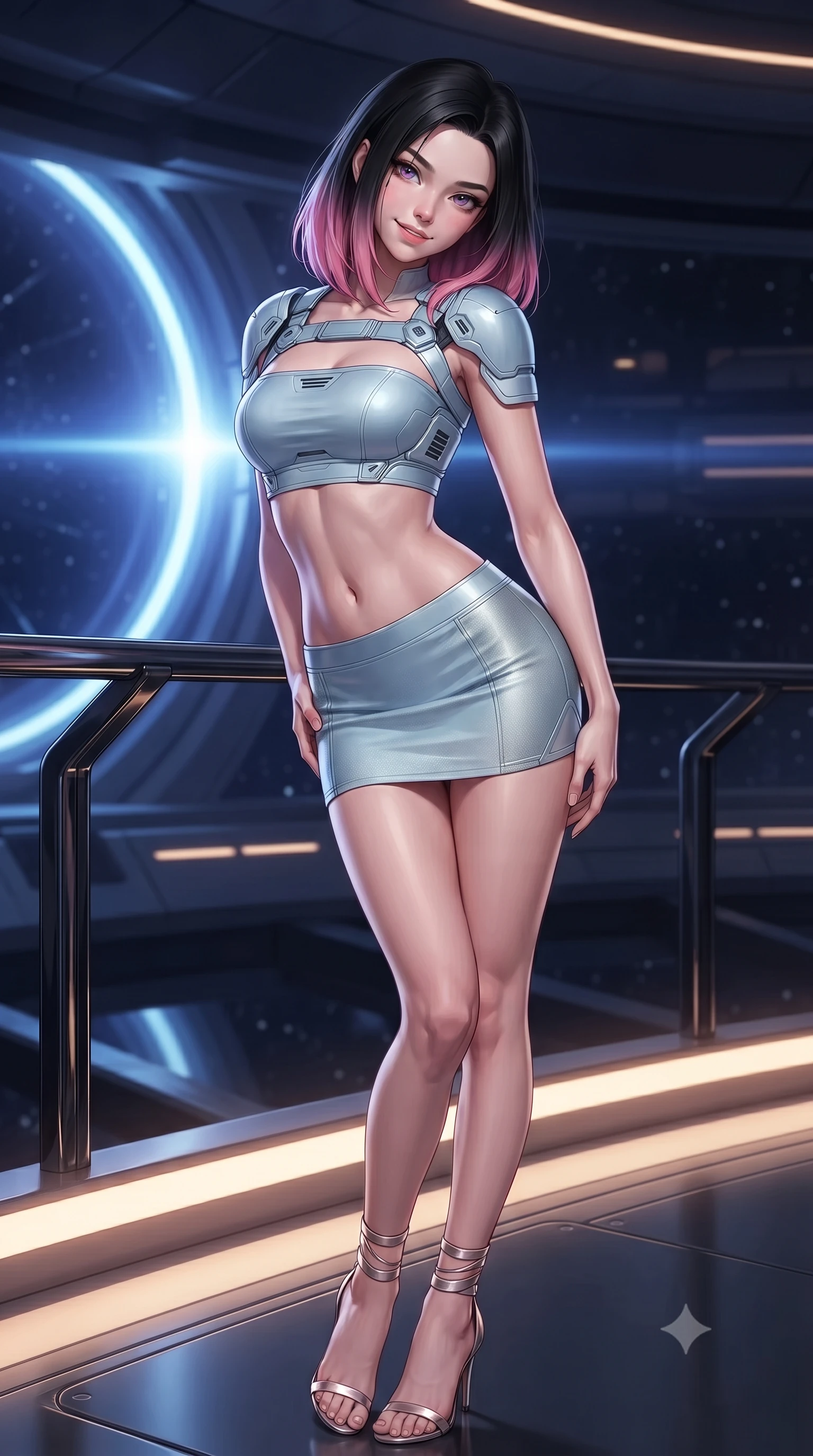 score_9, masterpiece, best quality, ultra-detailed, high-budget anime keyframe, editorial fashion photography, tasteful artistic composition, Korean woman. close-up cowboy shot from the waist and thighs up, the character dominates the composition, filling the frame with her large presence. tilting her head with a teasing half-smile, running one hand slowly down the side of her hip in a flirtatious S-curve as ambient light caresses her silhouette while twisting her slender torso in an alluring S-curve, indigo warp field distortions and star nebulae casting celestial light ribbons across her flat midriff and hourglass curves. The surrounding environment is rendered in vivid detail and crisp panoramic clarity: sharp black chrome balustrade reflections, crisp fleet formation beacon strobes, and razor-sharp hyperspace ring nodes in deep focus. She has an exceptionally elegant, slender, and willowy female figure with an ultra-slim waist, flat toned midriff, narrow ribcage, and sculpted feminine hips creating an alluring, slim hourglass silhouette without bulk. sharp v-shaped jawline, high-bridge nose, intricate jewel-like sparkling eyes with depth, thick eyelashes, glossy parted lips with a natural peach sheen, bright cheerful beaming smile with an enchanting and coquettish sensual glint, exuding both youthful cute charm and seductive allure, flawlessly proportioned anatomical accuracy, strict slender model proportions, natural body alignment, perfectly sculpted long slender limbs, ultra-slim waistline, clean dynamic posture without body distortion. wearing an ultra-cropped tactical tech-wear bandeau top with molded shoulder armor paired with a micro mini skirt revealing her flat toned midriff in arctic cryo-glacier ice blue and platinum white, tailored from high-density tech-wool with subtle metallic thread weave, complemented by strappy stiletto sandals with metallic ankle wraps accentuating her slender calves, the liquid-tight tailored fabric clinging flawlessly to her narrow waist and rounded feminine hips, emphasizing every millimeter of her sculpted slim hourglass curves without any bulky heaviness. bathed in the mystical indigo luminescence of the hyperspace gate mixed with warm 2800K balcony edge lighting. ultra-reflective glossy finish, specular highlights, rich textural contrasts, high-contrast stereoscopic depth, volumetric dynamic lighting, 2k, ultra detail, master piece, 9:16 ratio