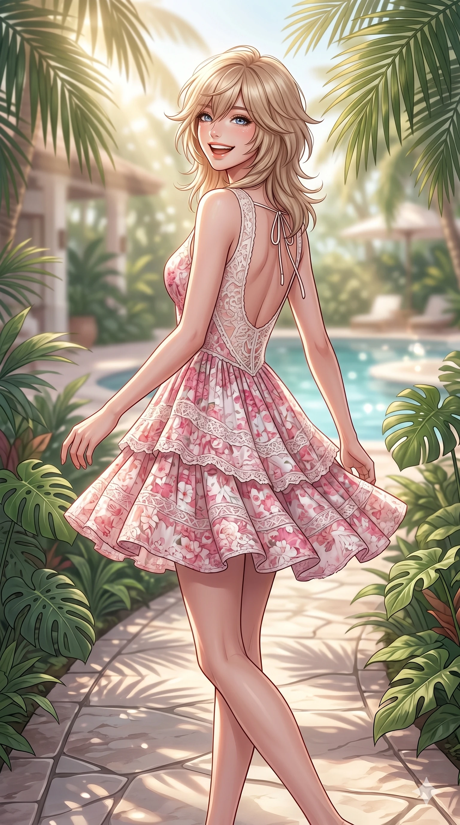 score_9, masterpiece, best quality, ultra-detailed, high-budget anime keyframe, editorial fashion photography, tasteful artistic composition, Japanese woman. cowboy shot from the thighs up, character and outfit filling the frame for maximum editorial presence. turning around with a bright, happy grin, her eyes sparkling with joy walking along a pathway in a high-end botanical resort. She has an absolutely perfect 8-heads proportion, an exceptionally tall and slender female figure with impossibly long slender legs and an ultra-slim waist. V-shaped jawline, high-bridge nose, intricate jewel-like eyes with depth, thick eyelashes, glossy lips with a natural sheen. wearing a pink and white summer dress with a scooped open back and lace details. bathed in warm afternoon sunbeams filtering through the palm trees, creating a soft glow. 2k, ultra detail, master piece, 9:16 ratio