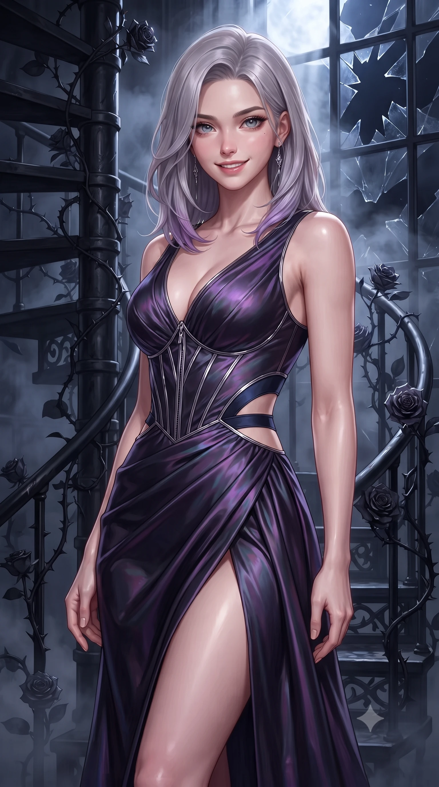 score_9, masterpiece, best quality, ultra-detailed, high-budget anime keyframe, editorial fashion photography, tasteful artistic composition, Caucasian woman. close-up cowboy shot from the waist and thighs up, the character dominates the composition, filling the frame with her large presence, background elements kept in soft focus. Smiling with quiet, magnetic self-assurance directly into the camera, poised near a dark iron spiral staircase wrapped in thorny black rose vines, shattered dark glass panes reflecting cold silver moon rays. She has an exceptionally elegant, slender, and willowy female figure with an ultra-slim waist, a gracefully sculpted slender torso, and a refined silhouette. sharp v-shaped jawline, high-bridge nose, intricate jewel-like eyes with depth, thick eyelashes, glossy lips with a natural sheen. wearing draped obsidian silk gown featuring tasteful waist slit cutouts in midnight navy blue, made of iridescent dark violet taffeta, finished with metallic silver boning and sleek zipper points, highlighting her statuesque proportions and ultra-slim waistline. lit by intense nocturnal key light cutting through dense greenhouse fog. highly saturated vibrant anime colors, detailed shading with soft gradients, rich glossy textures, high-contrast stereoscopic depth, volumetric dynamic lighting, master piece, 9:16 ratio