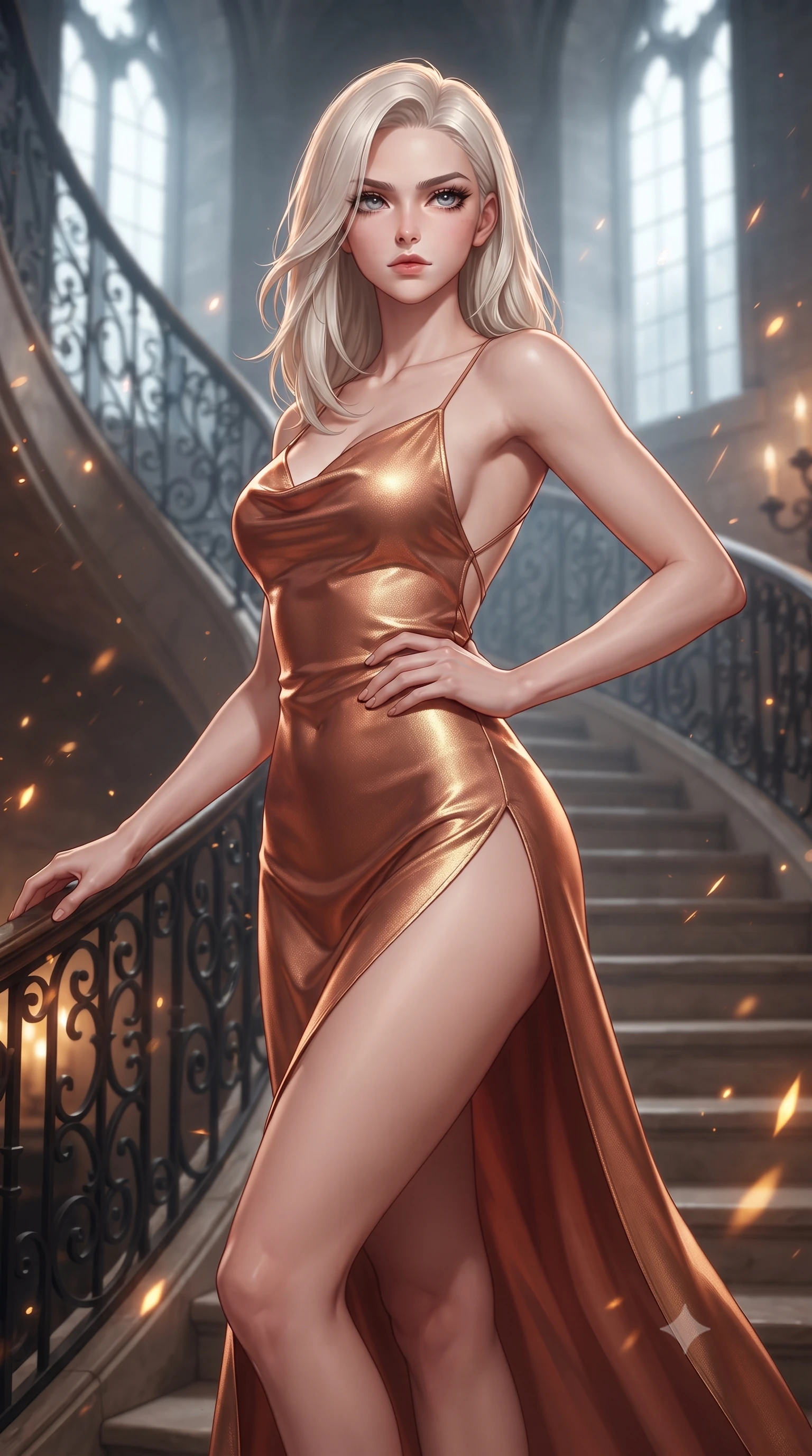 score_9, masterpiece, best quality, ultra-detailed, high-budget anime keyframe, editorial fashion photography, tasteful artistic composition, Caucasian woman. close-up cowboy shot from the waist and thighs up, the character dominates the composition, filling the frame with her large presence. tilting her chin up with proud, sovereign allure while gazing through thick eyelashes, one hand resting on her waist in pure supermodel charisma while gliding down the spiraling stone castle staircase with supermodel poise, her high-slit skirt opening to reveal her long slender legs and curvy hips. The composition keeps background elements in soft focus with creamy bokeh. rising fireplace sparks and candle flame refractions scattering warm decadent amber light motes. She has an exceptionally elegant, slender, and willowy female figure with an ultra-slim waist, flat toned midriff, narrow ribcage, and sculpted feminine hips creating an alluring, slim hourglass silhouette without bulk. sharp v-shaped jawline, high-bridge nose, intricate jewel-like eyes with depth, thick eyelashes, glossy parted lips with a natural sheen, intensely captivating and seductive bedroom-eyes expression, flawlessly proportioned anatomical accuracy, strict slender model proportions, natural body alignment, perfectly sculpted long slender limbs, ultra-slim waistline, clean dynamic posture without body distortion. wearing a backless cowl-neck satin slip dress featuring high-cut side hip slits and delicate criss-cross back straps in desert terracotta copper and sun-baked sand gold, crafted from luxurious metallic lamé that shifts radiance with every step, finished with an ultra-high side slit secured by miniature jeweled clasps, the liquid-tight tailored fabric clinging flawlessly to her narrow waist and rounded feminine hips, emphasizing every millimeter of her sculpted slim hourglass curves without any bulky heaviness. bathed in roaring stone hearth firelight from below and cool misty daylight streaming from towering castle windows. ultra-reflective glossy finish, specular highlights, rich textural contrasts, high-contrast stereoscopic depth, volumetric dynamic lighting, 2k, ultra detail, master piece, 9:16 ratio