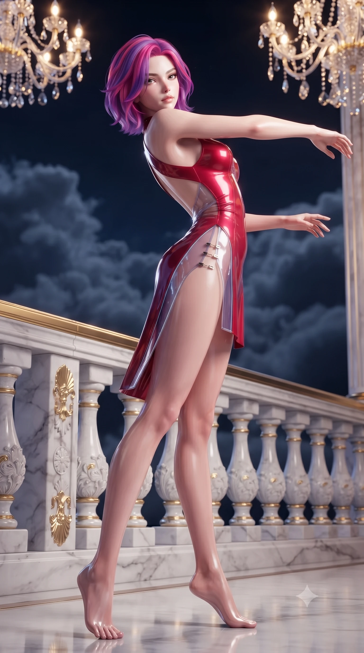 score_9, masterpiece, best quality, ultra-detailed, high-budget anime keyframe, editorial fashion photography, tasteful artistic composition, Caucasian woman. low angle full-body shot from head to toe showing her feet, filling the entire 9:16 vertical frame with her statuesque presence, stretching her vertical silhouette. arching her back in a fluid zero-gravity turn with sovereign grace, her long slender legs and sculpted torso creating a sweeping line while pivoting dynamically near a gilded balustrade as evening starlight and hovering crystal chandeliers illuminate her gown. The surrounding environment is rendered in vivid detail and crisp panoramic clarity. crisp white marble balustrade carvings, polished floor reflections, and detailed cloud bank textures in deep focus. She has an absolutely perfect, statuesque 8.5-heads proportion, an exceptionally tall and slender model-like female figure with impossibly long slender legs, a toned flat midriff, and an ultra-slim waist. sharp v-shaped jawline, high-bridge nose, intricate jewel-like eyes with depth, thick eyelashes, glossy lips with a natural sheen, flawlessly proportioned anatomical accuracy, strict slender model proportions, natural body alignment, perfectly sculpted long slender limbs, ultra-slim waistline, clean dynamic posture without body distortion. wearing a second-skin fashion-latex mini dress with a clean architectural front, featuring an open-back design that wraps around the sides of her waist, showcasing her slender silhouette in radiant crimson silk and crisp snow white, tailored from semi-translucent cybernetic vinyl with glowing micro-filaments, finished with an ultra-high side slit secured by miniature magnetic clasps, the precision-cut daring openings accentuating her delicate midriff, graceful bare collarbones, and ultra-slim feminine waistline. illuminated by crisp starlight rim highlights sharply outlining her ultra-slim waist and long legs. ultra-reflective glossy finish, specular highlights, metallic sheen, high-contrast stereoscopic depth, volumetric dynamic lighting, 2k, ultra detail, master piece, 9:16 ratio