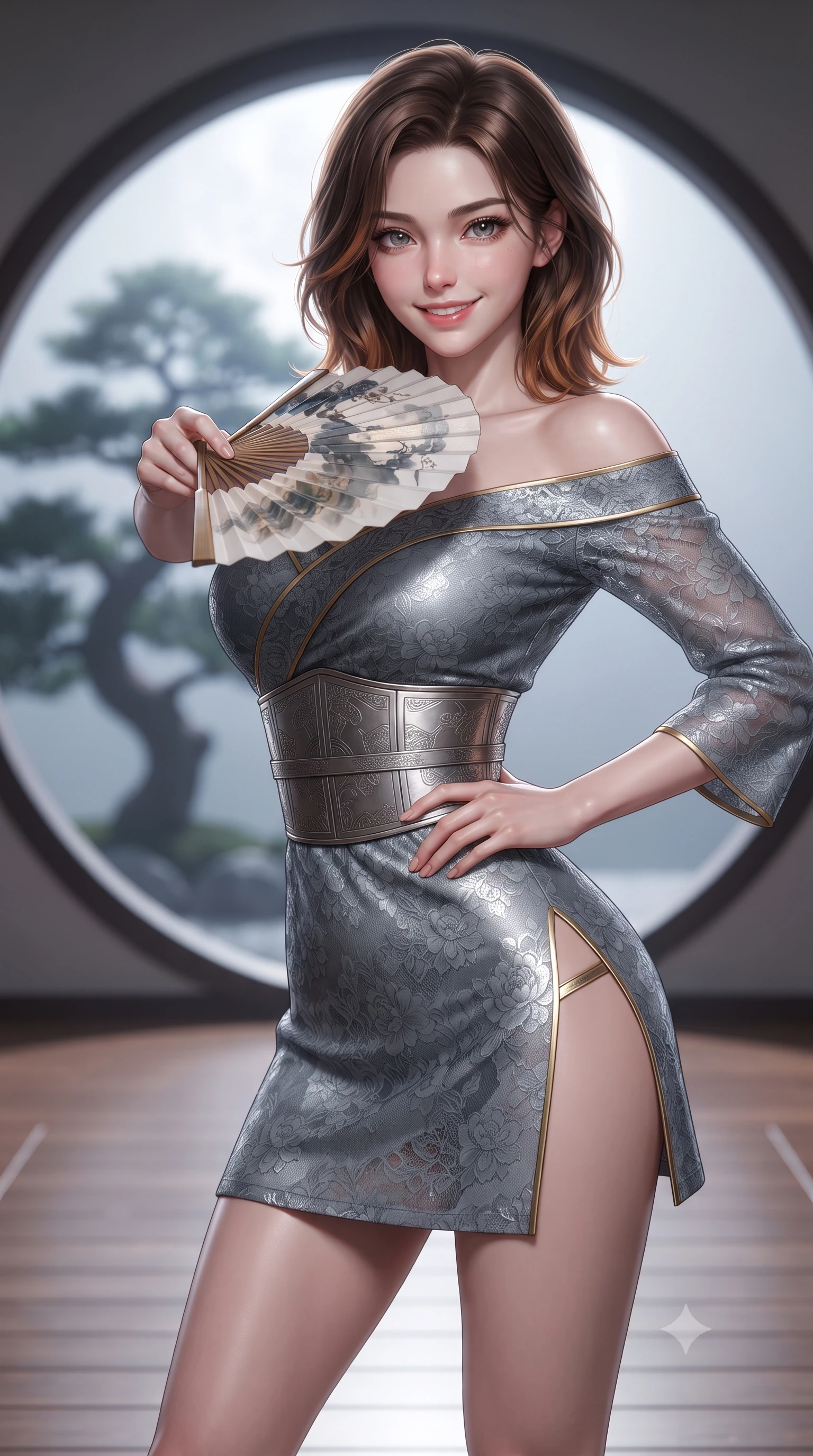 score_9, masterpiece, best quality, ultra-detailed, high-budget anime keyframe, editorial fashion photography, tasteful artistic composition, Korean woman. close-up cowboy shot from the waist and thighs up, the character dominates the composition, filling the frame with her large presence. playfully unfurling a painted silk fan toward the lens, her radiant smile capturing fresh girlhood charm while her arched torso reveals an intoxicating hip contour while twisting her slender torso in an alluring contrapposto stance on the polished cedar engawa veranda, moonbeams tracing her narrow waist and hips. The background shows a soft-focus a single sculpted Japanese black pine silhouette softened in contemplative minimalist Zen shallow focus. She has an exceptionally elegant, slender, and willowy female figure with an ultra-slim waist, flat toned midriff, narrow ribcage, and sculpted feminine hips creating an alluring, slim hourglass silhouette without bulk. sharp v-shaped jawline, high-bridge nose, intricate jewel-like dark sparkling almond eyes with depth, thick lashes, glossy parted lips with a natural rose-plum sheen, bright alluring and coquettish smile with bedroom-eyes, exuding both timeless oriental elegance and sovereign high-fashion allure, flawlessly proportioned anatomical accuracy, strict slender model proportions, natural body alignment, perfectly sculpted long slender limbs, ultra-slim waistline, clean dynamic posture without body distortion. wearing an asymmetric off-shoulder cyber-kimono mini dress with a wide metallic obi corset belt accentuating her narrow waist in misty ink-wash slate grey and liquid silver, woven from delicate semi-opaque floral lace with oriental peony patterns, finished with sharp laser-cut side hip slits framed by gold piping, the liquid-tight tailored silk fabric clinging flawlessly to her narrow waist and rounded feminine hips, emphasizing every millimeter of her sculpted slim hourglass curves without any bulky heaviness. bathed in pristine silver moonlight pouring through the circular moon-gate aperture. ultra-reflective glossy finish, specular highlights, rich textural contrasts, high-contrast stereoscopic depth, volumetric dynamic lighting, 2k, ultra detail, master piece, 9:16 ratio