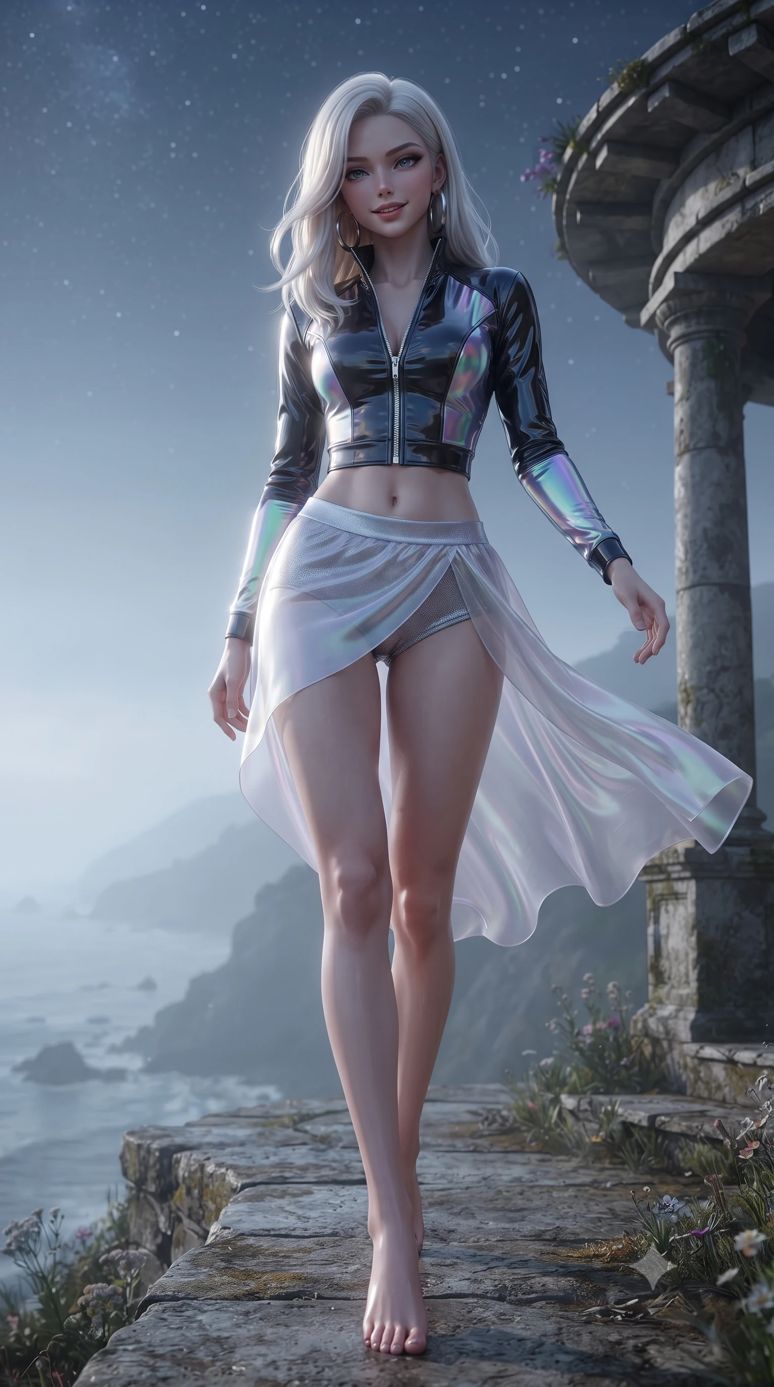 score_9, masterpiece, best quality, ultra-detailed, high-budget anime keyframe, editorial fashion photography, tasteful artistic composition, Caucasian woman. low angle full-body shot from head to toe showing her feet, filling the entire 9:16 vertical frame with her statuesque presence, stretching her vertical silhouette. stepping slowly toward the camera with hypnotic grace, hips swaying in an alluring sensual rhythm that accentuates her curvy hourglass silhouette and long slender legs while standing at the edge of the open-air cliffside pavilion, arching her spine with dramatic siren poise as sea breezes billow her silk skirt. The background shows a soft-focus floating mist layers over the coastline softened in romantic high-altitude shallow focus. She has an absolutely perfect, statuesque 8.5-heads proportion, an exceptionally tall and slender model-like female figure with impossibly long slender legs, an ultra-slim waist, a flat toned midriff, narrow delicate ribcage, and beautifully sculpted feminine hips creating a graceful, slim hourglass silhouette without any bulky heaviness. sharp v-shaped jawline, high-bridge nose, sparkling eyes with hypnotic seductive depth, thick curled eyelashes, glossy parted lips with a natural dewy peach sheen, alluring bedroom-eyes with an enchanting coquettish smile, exuding magnetic siren charisma and sophisticated glamour, flawlessly proportioned anatomical accuracy, strict slender model proportions, natural body alignment, perfectly sculpted long slender limbs, ultra-slim waistline, clean dynamic posture without body distortion. wearing a form-fitting zip-front wet-look vinyl bolero jacket paired with low-rise metallic hot-pants and sheer stockings in iridescent mother-of-pearl and misty lavender, woven from stretch metallic lurex jersey casting radiant starlight glints across her silhouette, accented with oversized polished chrome hoop earrings catching the ambient neon glow, the second-skin tailored fabric adhering flawlessly to her sculpted flat midriff and slender torso, emphasizing her long leg lines and perfectly proportioned willowy build. illuminated by sea reflection fill and sharp platinum rim lights sculpting her delicate clavicles, narrow waist, and curvaceous hips. ultra-reflective glossy finish, specular highlights, rich textural contrasts, high-contrast stereoscopic depth, volumetric dynamic lighting, 2k, ultra detail, master piece, 9:16 ratio