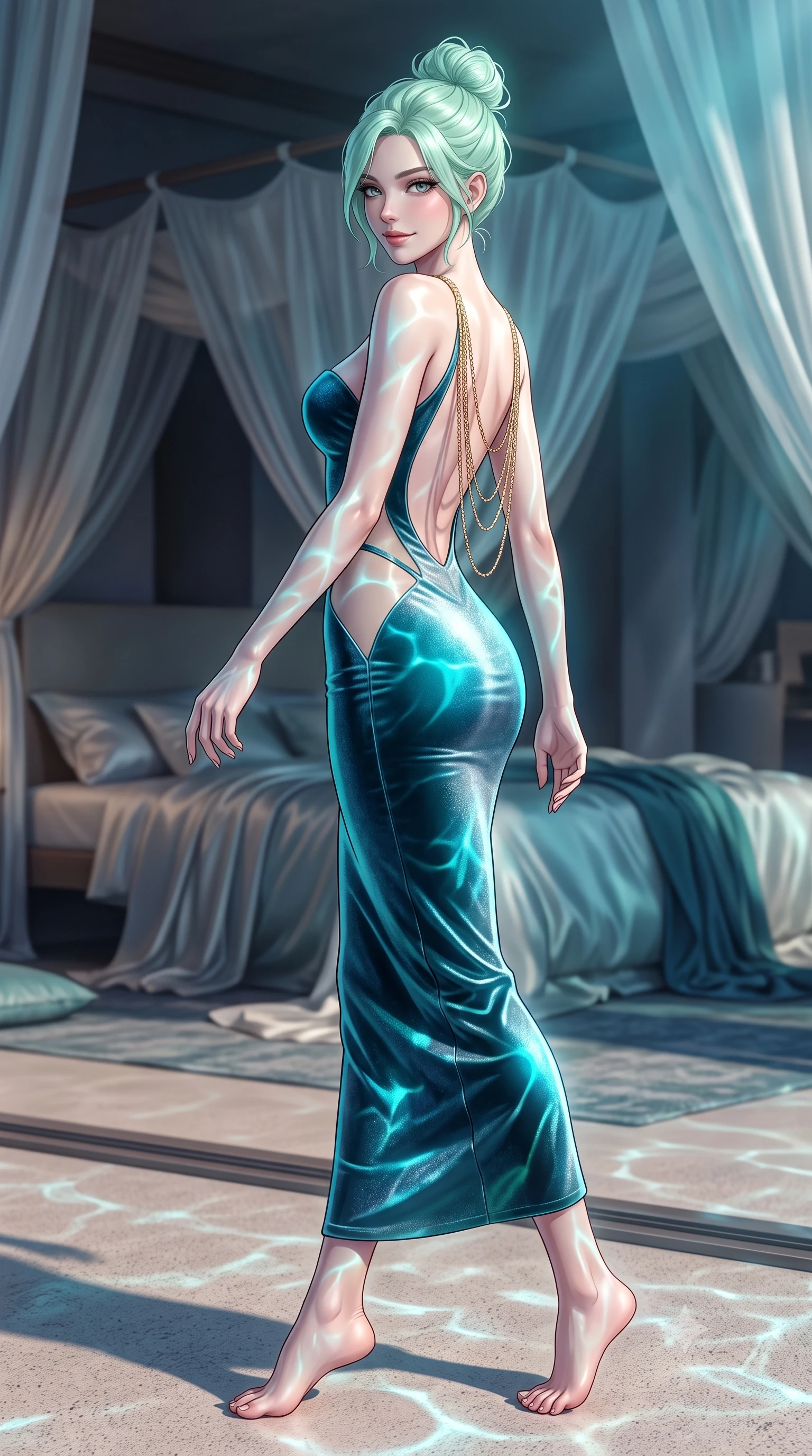 score_9, masterpiece, best quality, ultra-detailed, high-budget anime keyframe, semi-realistic 3D game render, editorial fashion photography, tasteful artistic composition, Japanese woman. low angle full-body shot from head to toe showing her feet, filling the entire 9:16 vertical frame with her statuesque presence, stretching her vertical silhouette. walking along the terrace with poise, looking back over her bare shoulder with an irresistible smoldering bedroom-gaze while twisting her slender torso in an alluring contrapposto stance, shimmering aquatic light caustics refracting across her curves and flat midriff. The background shows a soft-focus interior silk bed drapes softened in avant-garde sub-aquatic luxury shallow focus. She has an absolutely perfect, statuesque 8.5-heads proportion, an exceptionally tall and slender model-like female figure with impossibly long slender legs, an ultra-slim waist, a flat toned midriff, narrow delicate ribcage, and beautifully sculpted feminine hips creating a graceful, slim hourglass silhouette without any bulky heaviness. sharp v-shaped jawline, high-bridge nose, sparkling eyes with hypnotic seductive depth, thick curled eyelashes, glossy parted lips with a natural dewy peach sheen, alluring bedroom-eyes with an enchanting coquettish smile, exuding magnetic siren charisma and sophisticated glamour, flawlessly proportioned anatomical accuracy, strict slender model proportions, natural body alignment, perfectly sculpted long slender limbs, ultra-slim waistline, clean dynamic posture without body distortion. wearing a deep sweetheart-neckline velvet bodycon dress with sheer side-torso cutouts accentuating her hourglass curves in bioluminescent neon teal and starlight silver, woven from buttery-soft stretch lambskin leather adhering to her body like a second skin, accented with an open-back drape framed by falling strands of delicate gold chains, the form-contouring silhouette accentuating her sculpted flat midriff, narrow delicate ribcage, and gracefully curvy hips with intoxicating allure. bathed in ethereal undulating cyan and deep-blue aquatic light filtering through exterior ocean floodlights. highly saturated vibrant anime colors, detailed shading with soft gradients, rich glossy textures, high-contrast stereoscopic depth, volumetric dynamic lighting, master piece, 9:16 ratio