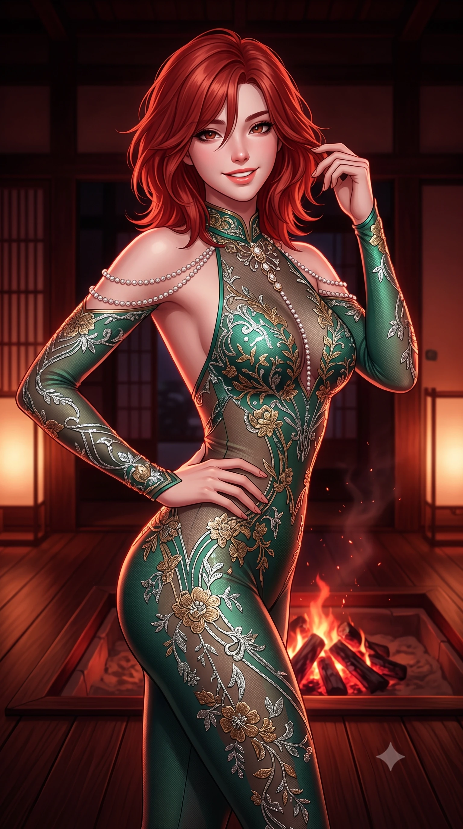 score_9, masterpiece, best quality, ultra-detailed, high-budget anime keyframe, semi-realistic 3D game render, editorial fashion photography, tasteful artistic composition, Korean woman. close-up cowboy shot from the waist and thighs up, the character dominates the composition, filling the frame with her large presence. twisting her slender torso in an alluring contrapposto stance, one hand resting on her sculpted hip while her fingers toy with her hair with effortless poise while standing poised on the ancient chestnut floorboards before the sunken irori hearth, arching her lower back as cedar charcoal embers glow like rubies. The surrounding environment is rendered in vivid detail and crisp panoramic clarity: detailed open-back sheer lace leotard, high-cut leg openings, floral embroidery, and Edo-period woodcraft in high resolution. She has an exceptionally elegant, slender, and willowy female figure with an ultra-slim waist, flat toned midriff, narrow ribcage, and sculpted feminine hips creating an alluring, slim hourglass silhouette without bulk. sharp v-shaped jawline, high-bridge nose, intricate jewel-like sparkling eyes with depth, thick eyelashes, glossy parted lips with a natural peach sheen, bright cheerful beaming smile with an enchanting and coquettish sensual glint, exuding both youthful cute charm and seductive allure, flawlessly proportioned anatomical accuracy, strict slender model proportions, natural body alignment, perfectly sculpted long slender limbs, ultra-slim waistline, clean dynamic posture without body distortion. wearing a backless sheer illusion mesh catsuit with strategic crystalline silver flocking tracing her long slender leg lines in French Concession jade green and gilded bronze, woven from fine semi-opaque stretch illusion mesh tracing her slender contours, accented with a pearl-drop body harness subtly framing her dewy collarbones and spine, the glove-like clinging cut tightly following the natural contour of her hips and long slender legs with youthful 8.5-heads elegance. bathed in the rich chiaroscuro 2000K ruby-amber glow of natural burning hardwood charcoal mixed with soft paper sconces. highly saturated vibrant anime colors, detailed shading with soft gradients, rich glossy textures, high-contrast stereoscopic depth, volumetric dynamic lighting, master piece, 9:16 ratio