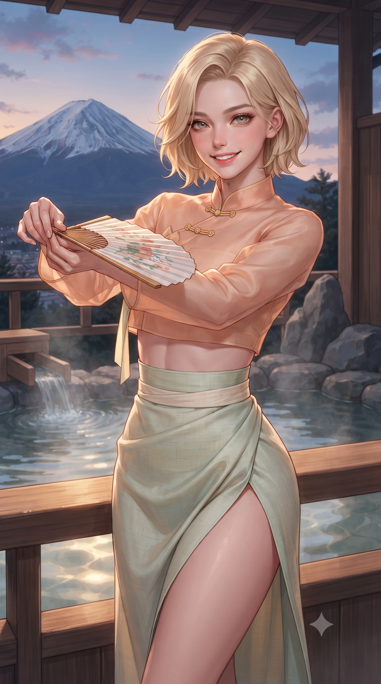 score_9, masterpiece, best quality, ultra-detailed, high-budget anime keyframe, editorial fashion photography, tasteful artistic composition, Caucasian woman. close-up cowboy shot from the waist and thighs up, the character dominates the composition, filling the frame with her large presence. playfully unfurling a painted silk fan toward the lens, her radiant smile capturing fresh girlhood charm while her arched torso reveals an intoxicating hip contour while standing at the cedar onsen railing overlooking the snow-capped peak of Mount Fuji at dusk, arching her spine with serene seductive poise. The surrounding environment is rendered in vivid detail and crisp panoramic clarity: sharp hinoki cypress wood grain, natural stone tub textures, and crystal-clear steaming spring water ripples in deep focus. She has an exceptionally elegant, slender, and willowy female figure with an ultra-slim waist, flat toned midriff, narrow ribcage, and sculpted feminine hips creating an alluring, slim hourglass silhouette without bulk. sharp v-shaped jawline, high-bridge nose, intricate jewel-like dark sparkling almond eyes with depth, thick lashes, glossy parted lips with a natural rose-plum sheen, bright alluring and coquettish smile with bedroom-eyes, exuding both timeless oriental elegance and sovereign high-fashion allure, flawlessly proportioned anatomical accuracy, strict slender model proportions, natural body alignment, perfectly sculpted long slender limbs, ultra-slim waistline, clean dynamic posture without body distortion. wearing a cropped semi-sheer silk organza jeogori top paired with an ultra-high-waisted wrapped chima skirt featuring a dramatic thigh-high side slit in warm peach apricot and soft vanilla silk, tailored from smooth celadon raw silk with natural organic slub texture, accented with intricate gold frog buttons and a delicate mandarin collar, the form-contouring cut accentuating her sculpted flat midriff, narrow delicate ribcage, and gracefully curvy hips with regal oriental supermodel elegance. illuminated by hot spring water caustics and sharp platinum rim lights carving her razor-sharp jawline, narrow waist, and curvy hips. ultra-reflective glossy finish, specular highlights, rich textural contrasts, high-contrast stereoscopic depth, volumetric dynamic lighting, 2k, ultra detail, master piece, 9:16 ratio