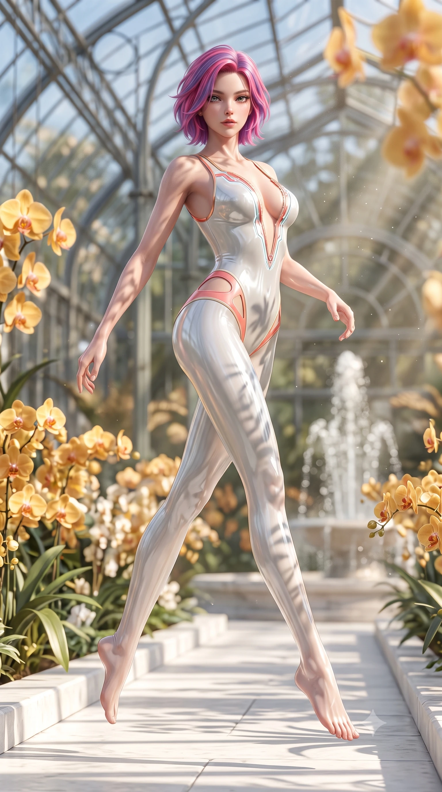 score_9, masterpiece, best quality, ultra-detailed, high-budget anime keyframe, semi-realistic 3D game render, editorial fashion photography, tasteful artistic composition, Caucasian woman. low angle full-body shot from head to toe showing her feet, filling the entire 9:16 vertical frame with her statuesque presence, stretching her vertical silhouette. leaping through mid-air with an athletic yet alluring arch of her spine, her impossibly long slender legs stretched in flawless poise while walking gracefully along a sunlit white stone aisle in a grand crystal conservatory surrounded by golden orchids. The composition keeps background elements in soft focus with creamy bokeh. streaming sunbeams and fountain water droplets softened in a dreamy, warm depth of field. She has an absolutely perfect, statuesque 8.5-heads proportion, an exceptionally tall and slender model-like female figure with impossibly long slender legs, a toned flat midriff, and an ultra-slim waist. sharp v-shaped jawline, high-bridge nose, intricate jewel-like eyes with depth, thick eyelashes, glossy lips with a natural sheen, flawlessly proportioned anatomical accuracy, strict slender model proportions, natural body alignment, perfectly sculpted long slender limbs, ultra-slim waistline, clean dynamic posture without body distortion. wearing a second-skin white liquid-mercury micro-bodysuit sculpted tightly to her slender build, featuring razor-thin metallic straps and hip cutouts in radiant coral pink and champagne ivory, crafted from ultra-reflective second-skin latex with a high-gloss glass-like polish, featuring a dangerously unzipped neckline framed by glowing cybernetic accents, the glove-like aerodynamic second-skin fit tightly clinging to her ultra-slender waist and athletic curves without adding bulk, accentuating her razor-sharp statuesque lines and slim hourglass silhouette. illuminated by fresh botanical ambient radiance with organic leaf-shadow stencils on her skin. highly saturated vibrant anime colors, detailed shading with soft gradients, rich glossy textures, high-contrast stereoscopic depth, volumetric dynamic lighting, master piece, 9:16 ratio