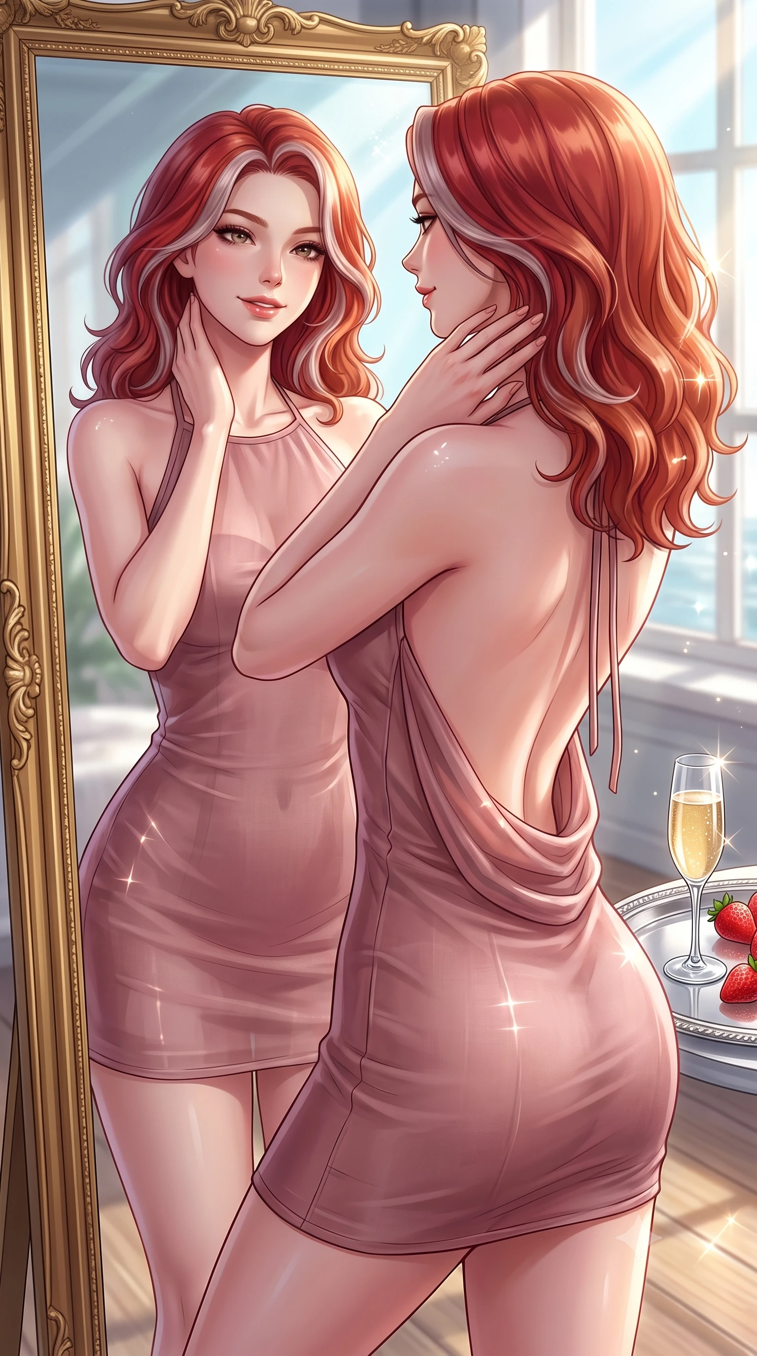 score_9, masterpiece, best quality, ultra-detailed, high-budget anime keyframe, editorial fashion photography, tasteful artistic composition, Caucasian woman. close-up cowboy shot from the waist and thighs up, the character dominates the composition, filling the frame with her large presence, background elements kept in soft focus. gazing into a gilded mirror reflection with a confident, sensual smile, tracing her neck contour set against a soft-focus background of inside an exclusive solarium deck with a crystal glass of sparkling champagne and fresh strawberries on a silver tray. She has an exceptionally elegant, slender, and willowy female figure with an ultra-slim waist, a gracefully sculpted slender torso, and a refined silhouette. sharp v-shaped jawline, high-bridge nose, intricate jewel-like eyes with depth, thick eyelashes, glossy lips with a natural sheen. wearing form-contouring dusty rose sheer organza backless linen halter dress featuring delicate straps and a draped open-back design featuring refined tailored seams. lit by crisp morning sun rays creating sparkling glints on polished glass and water. highly saturated vibrant anime colors, detailed shading with soft gradients, rich glossy textures, high-contrast stereoscopic depth, volumetric dynamic lighting, master piece, 9:16 ratio