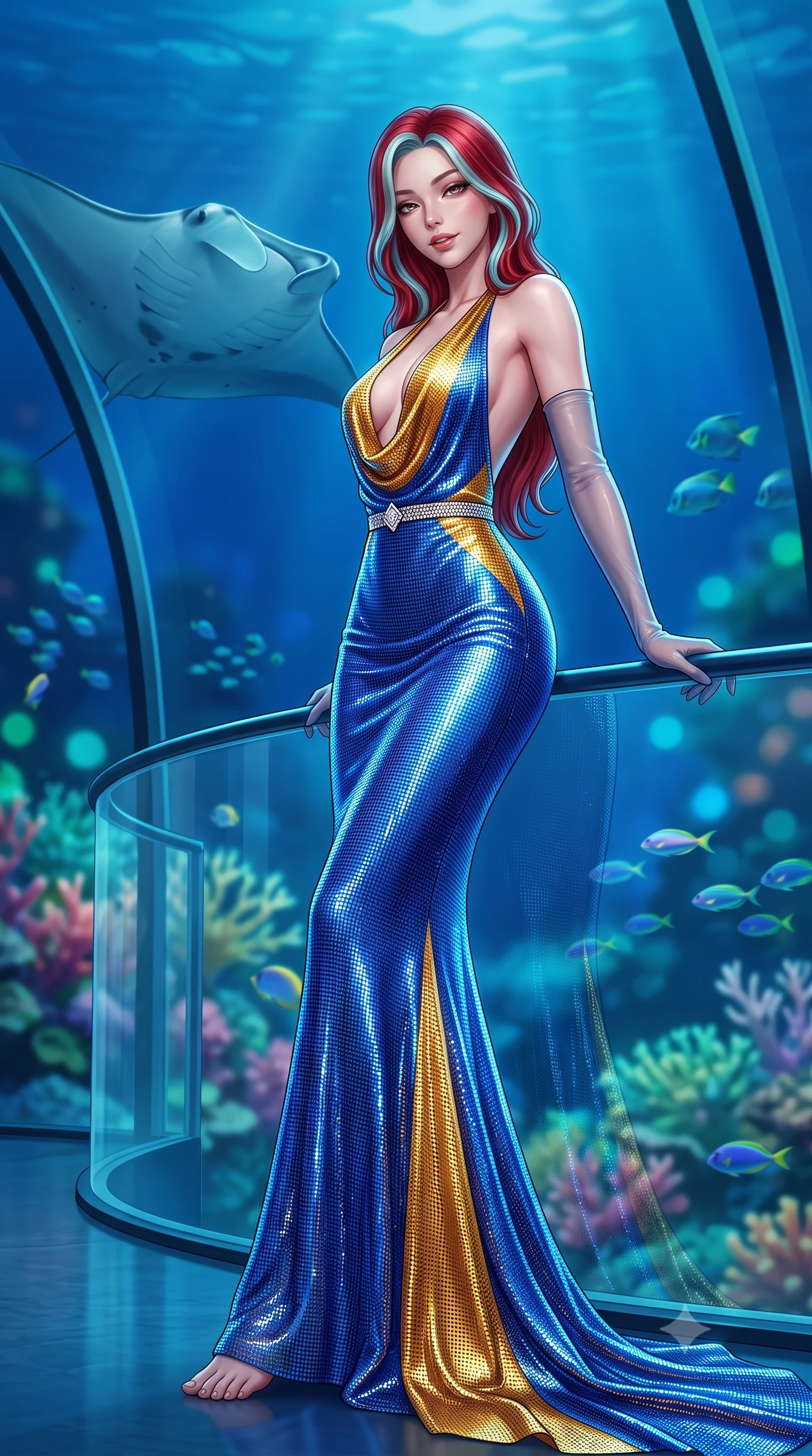 score_9, masterpiece, best quality, ultra-detailed, high-budget anime keyframe, semi-realistic 3D game render, editorial fashion photography, tasteful artistic composition, Caucasian woman. low angle full-body shot from head to toe showing her feet, filling the entire 9:16 vertical frame with her statuesque presence, stretching her vertical silhouette. leaning deep against the balcony balustrade with hips cocked back in an unapologetically alluring high-fashion stance, casting an intoxicating glance while leaning against the massive curved acrylic window with hips cocked back, looking through deep blue water as a giant manta ray glides past with bedroom-eyes. The background shows a soft-focus vibrant tropical coral reef gardens outside, schools of iridescent reef fish swimming past, and deep ocean twilight blurred into cobalt, aquamarine, and emerald bokeh. She has an absolutely perfect, statuesque 8.5-heads proportion, an exceptionally tall and slender model-like female figure with impossibly long slender legs, an ultra-slim waist, a flat toned midriff, narrow delicate ribcage, and beautifully sculpted feminine hips creating a graceful, slim hourglass silhouette without any bulky heaviness. sharp v-shaped jawline, high-bridge nose, sparkling eyes with hypnotic seductive depth, thick curled eyelashes, glossy parted lips with a natural dewy peach sheen, alluring bedroom-eyes with an enchanting coquettish smile, exuding magnetic siren charisma and sophisticated glamour, flawlessly proportioned anatomical accuracy, strict slender model proportions, natural body alignment, perfectly sculpted long slender limbs, ultra-slim waistline, clean dynamic posture without body distortion. wearing a plunging cowl-neck liquid silk evening gown with dramatic train and diamond-accented waist cinch in Marrakesh cobalt majorelle blue and saffron gold, crafted from shimmering fluid chainmail mesh reflecting ambient lights, complemented by sheer opera-length evening gloves tracing her slender arms, the second-skin tailored fabric adhering flawlessly to her sculpted flat midriff and slender torso, emphasizing her long leg lines and perfectly proportioned willowy build. illuminated by dome acrylic reflection fill and sharp electric-cyan rim lights sculpting her jawline, flat midriff, and voluptuous hip curves. highly saturated vibrant anime colors, detailed shading with soft gradients, rich glossy textures, high-contrast stereoscopic depth, volumetric dynamic lighting, master piece, 9:16 ratio