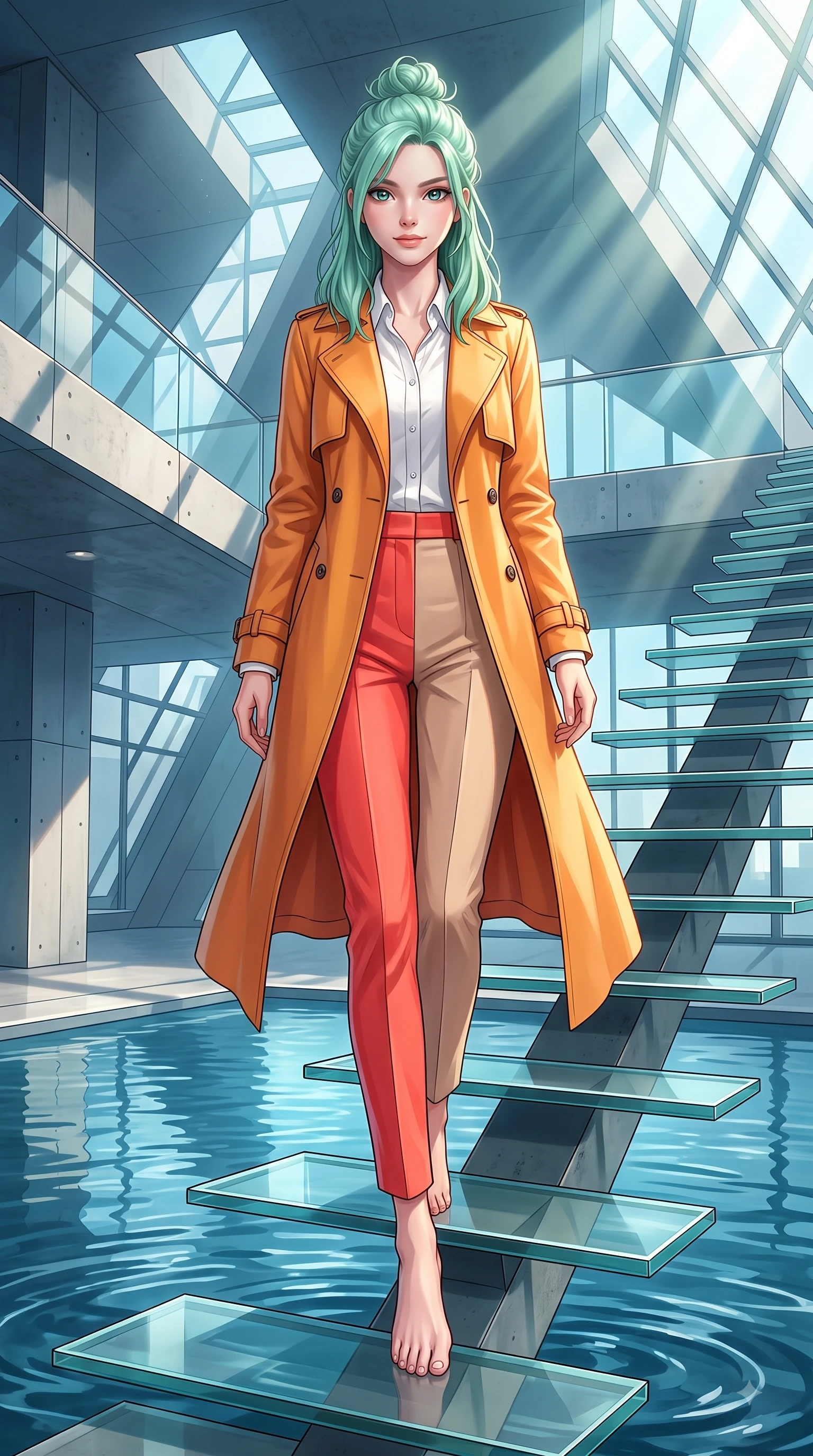score_9, masterpiece, best quality, ultra-detailed, high-budget anime keyframe, editorial fashion photography, tasteful artistic composition, Japanese woman. low angle full-body shot from head to toe showing her feet, filling the entire 9:16 vertical frame with her statuesque presence, stretching her vertical silhouette. Airy, translucent innocence with a soft subtle smile and a clear, pristine gaze into the lens while ascending a minimalist floating staircase with flawless statuesque proportions. The surrounding environment is rendered in vivid detail and crisp panoramic clarity. dramatic architectural light beams, reflecting pool ripples, and sharp structural framing in high clarity. She has an absolutely perfect, statuesque 8.5-heads proportion, an exceptionally tall and slender model-like female figure with impossibly long slender legs and an ultra-slim waist. sharp v-shaped jawline, high-bridge nose, intricate jewel-like eyes with depth, thick eyelashes, glossy lips with a natural sheen, flawlessly proportioned anatomical accuracy, natural body alignment, perfectly sculpted elegant limbs, clean dynamic posture without body distortion. wearing a stylish sunset amber trench coat over a crisp white shirt and tailored trousers in vibrant coral red and soft beige, tailored from crisp high-density cotton poplin, finished with a sleek side slit ascending to mid-thigh, the sleek second-skin fit accentuating her magnetic presence. bathed in crisp, high-contrast sunlight filtering through geometric glass panes. highly saturated vibrant anime colors, detailed shading with soft gradients, rich glossy textures, high-contrast stereoscopic depth, volumetric dynamic lighting, master piece, 9:16 ratio