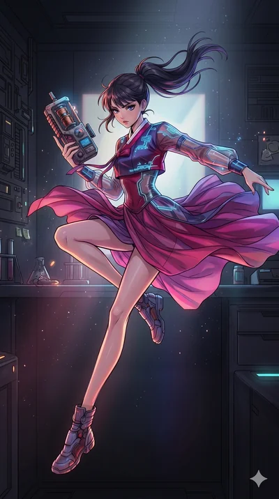 score_9, masterpiece, best quality, ultra-detailed, high-budget anime movie keyframe, cinematic anime lighting, intricate line art, Caucasian (strictly human ears) woman. Mid-air action shot capturing a graceful twist and vertical silhouette. adjusti
