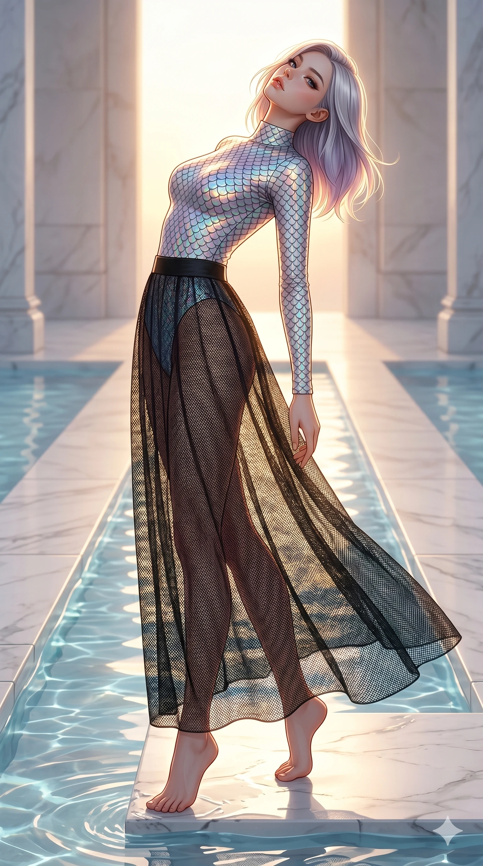 score_9, masterpiece, best quality, ultra-detailed, high-budget anime keyframe, editorial fashion photography, tasteful artistic composition, Caucasian woman, strictly human ears. low angle full-body shot from head to toe showing her feet, filling the entire 9:16 vertical frame with her statuesque presence, stretching her vertical silhouette. Arching her back in a graceful controlled backward pose inside a palace of polished white stone with water channels flowing along the floors. She has an absolutely perfect 8-heads proportion, an exceptionally tall and slender female figure with impossibly long slender legs and an ultra-slim waist. V-shaped jawline, high-bridge nose, intricate jewel-like eyes with depth, thick eyelashes, glossy lips with a natural sheen. wearing a long-sleeve holographic bodysuit with a scale pattern, worn under a long black mesh skirt with a high-waist waistband. under warm golden hour backlighting creating a luminous radiant halo around her silhouette. 2k, ultra detail, master piece, 9:16 ratio