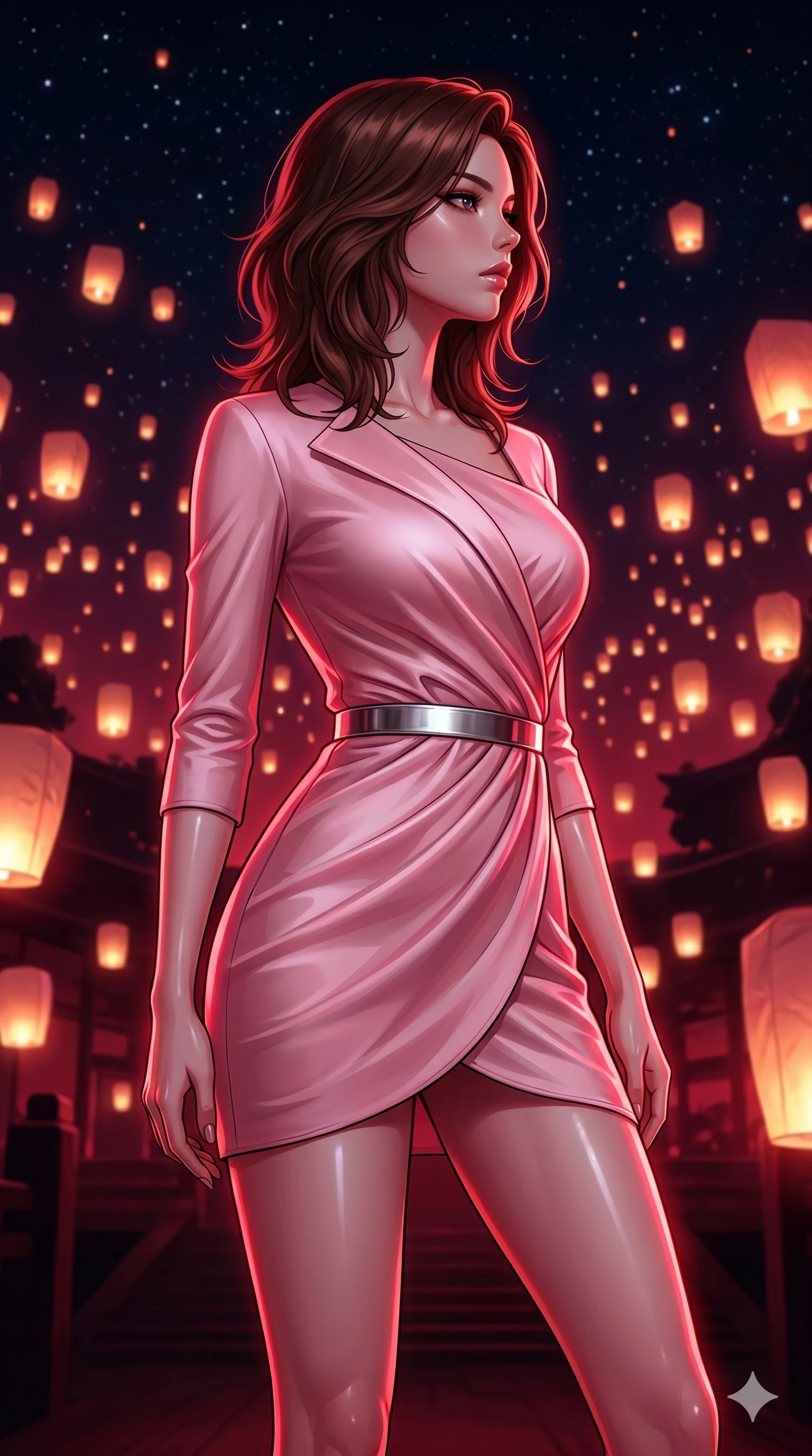 score_9, masterpiece, best quality, ultra-detailed, high-budget anime keyframe, editorial fashion photography, tasteful artistic composition, Korean woman. cowboy shot from the thighs up, character and outfit filling the frame for maximum editorial presence. Turning her face in sharp dramatic profile against the light within a sanctuary where hundreds of glowing paper lanterns float up towards a starry sky. She has an absolutely perfect 8-heads proportion, an exceptionally tall and slender female figure with impossibly long slender legs and an ultra-slim waist. V-shaped jawline, high-bridge nose, intricate jewel-like eyes with depth, thick eyelashes, glossy lips with a natural sheen. wearing a modernized wrapping dress in pastel pink silk with an asymmetric collar line, three-quarter sleeves, and a silver metallic belt cinching the waist. drenched in deep crimson theatrical lighting with sharp specular highlights on every curve. 2k, ultra detail, master piece, 9:16 ratio