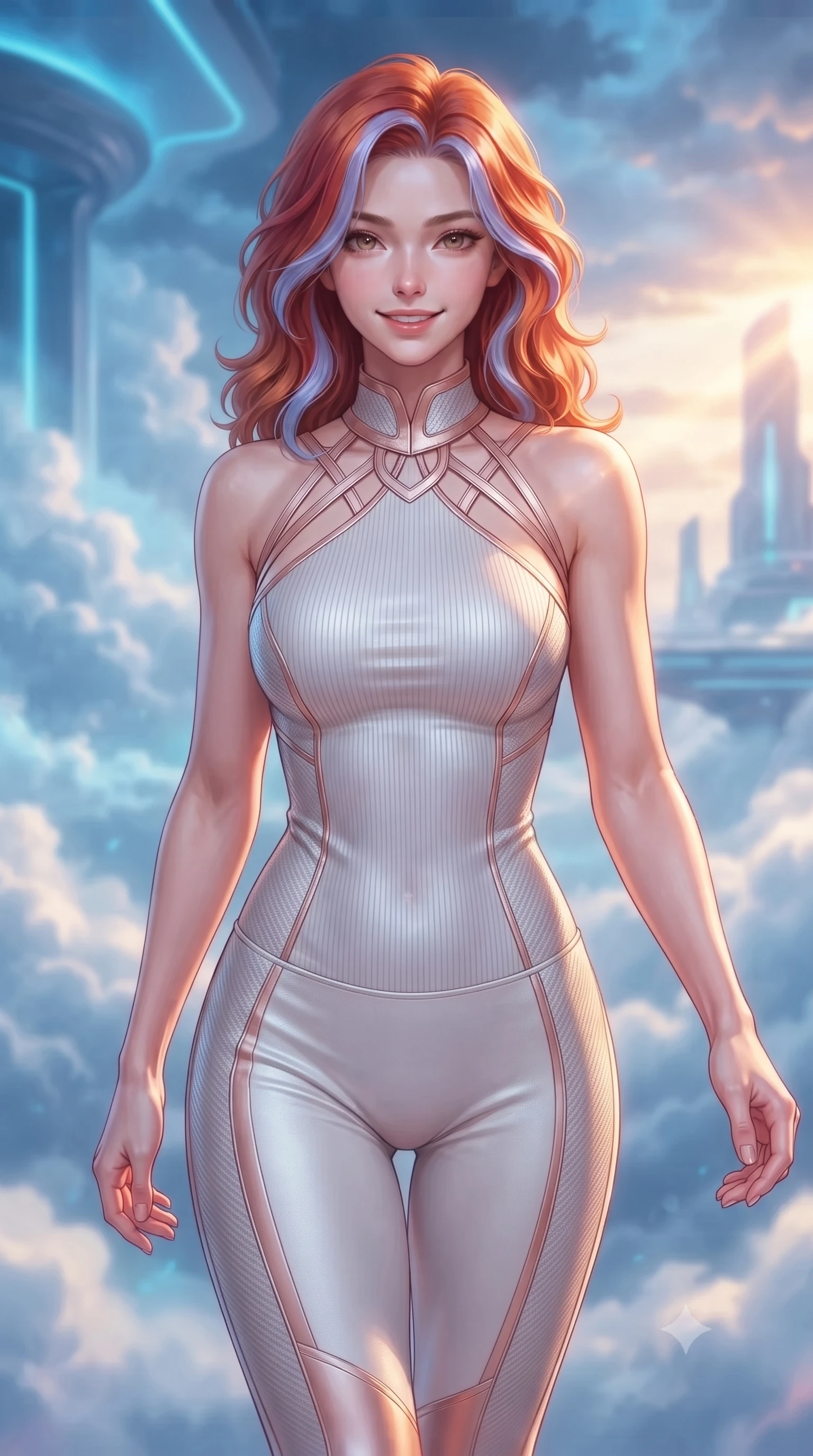 score_9, masterpiece, best quality, ultra-detailed, high-budget anime keyframe, editorial fashion photography, tasteful artistic composition, Caucasian woman. close-up cowboy shot from the waist and thighs up, the character dominates the composition, filling the frame with her large presence, background elements kept in soft focus. Smiling with quiet, magnetic self-assurance directly into the lens walking through a misty cloud room catching dramatic golden sunset rays, dramatic contrast of warm golden sunset outside and cool electric blue inside. She has an exceptionally elegant, slender, and willowy female figure with an ultra-slim waist, a gracefully sculpted slender torso, and a refined silhouette. sharp v-shaped jawline, high-bridge nose, intricate jewel-like eyes with depth, thick eyelashes, glossy lips with a natural sheen. wearing a form-fitting ribbed activewear set with collar cutouts in pearl white and rose gold, made of fine carbon-fiber weave and soft matte leather, complemented by criss-cross back straps highlighting her bare shoulders, the sleek second-skin texture accentuating her magnetic presence. surrounded by a majestic, atmospheric sky aura with soft gradients. highly saturated vibrant anime colors, detailed shading with soft gradients, rich glossy textures, high-contrast stereoscopic depth, volumetric dynamic lighting, master piece, 9:16 ratio