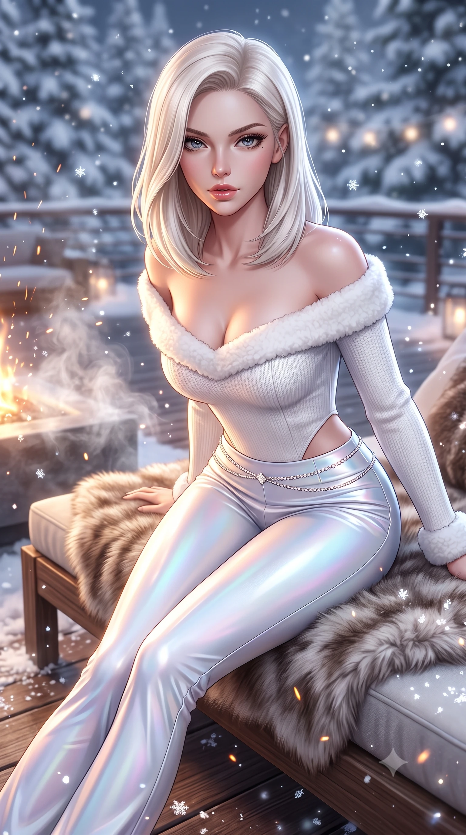 score_9, masterpiece, best quality, ultra-detailed, high-budget anime keyframe, semi-realistic 3D game render, editorial fashion photography, tasteful artistic composition, Caucasian woman. close-up cowboy shot from the waist and thighs up, the character dominates the composition, filling the frame with her large presence. leaning forward toward the camera with playful, breathtaking intimacy, eyes locked onto the viewer with irresistible charisma while reclining on an outdoor snow-view fur lounge daybed as steam rises, stretching her long slender legs in seductive comfort. The composition keeps background elements in soft focus with creamy bokeh. sparkling ice crystal flakes and rising fireplace sparks scattering enchanted light motes across the deck. She has an exceptionally elegant, slender, and willowy female figure with an ultra-slim waist, a gracefully sculpted slender torso, toned flat midriff, and a refined slim silhouette. sharp v-shaped jawline, high-bridge nose, intricate jewel-like eyes with depth, thick eyelashes, glossy parted lips with a natural sheen, intensely captivating and seductive expression, flawlessly proportioned anatomical accuracy, strict slender model proportions, natural body alignment, perfectly sculpted long slender limbs, ultra-slim waistline, clean dynamic posture without body distortion. wearing an off-shoulder white shearling-trimmed knit bodysuit paired with high-waisted metallic snow trousers in crystalline holographic opal and pure white, tailored from ultra-sleek thermal stretch neoprene with satin sheen, accented with a dainty diamond waist chain catching the firelight glow, the liquid-tight tailored fabric emphasizing every curve of her tall, slender model proportions and sculptured silhouette during dynamic movement. surrounded by a glamorous, elite, and heart-meltingly alluring winter sanctuary goddess aura. highly saturated vibrant anime colors, detailed shading with soft gradients, rich glossy textures, high-contrast stereoscopic depth, volumetric dynamic lighting, master piece, 9:16 ratio