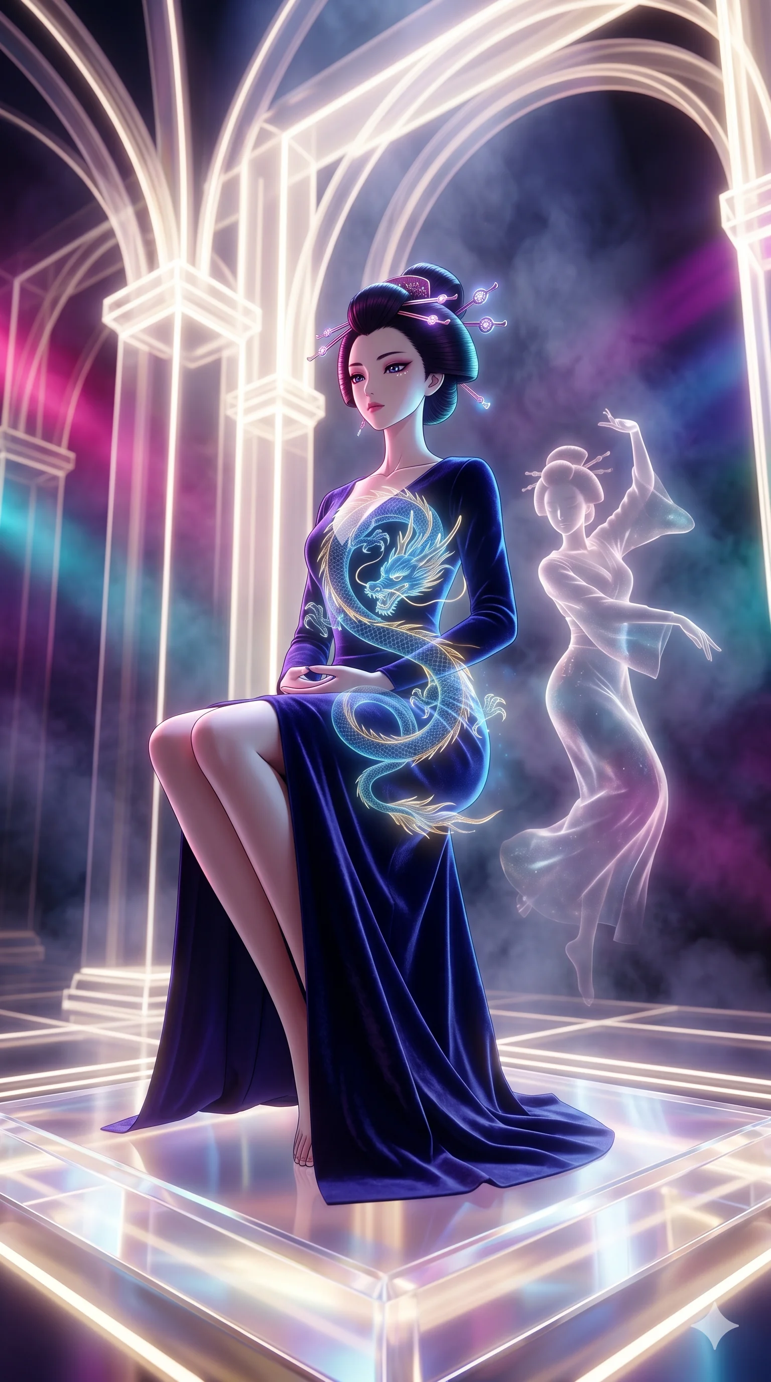 score_9, masterpiece, best quality, ultra-detailed, Set A: High-budget Anime Keyframe, Japanese woman. Low angle cowboy shot filling the entire 9:16 frame with her statuesque presence. Theme: Ethereal Dream. meditating in a temple made of solid light, as her reflection in the air starts to dance independently 95. The atmosphere is filled with heavy smog with neon flares. She has an absolutely perfect 8-heads proportion, an exceptionally tall and slender female figure with impossibly long slender legs and an ultra-slim waist. Sharp v-shaped jawline, high-bridge nose, intricate jewel-like eyes with depth, glossy lips. Wearing High-slit velvet gown with integrated holographic projection of a dragon. Cinematic lighting, vivid colors, dramatic shadows, 2k, ultra detail, master piece, 9:16 ratio