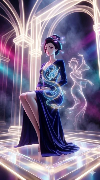 score_9, masterpiece, best quality, ultra-detailed, Set A: High-budget Anime Keyframe, Japanese woman. Low angle cowboy shot filling the entire 9:16 frame with her statuesque presence. Theme: Ethereal Dream. meditating in a temple made of solid light