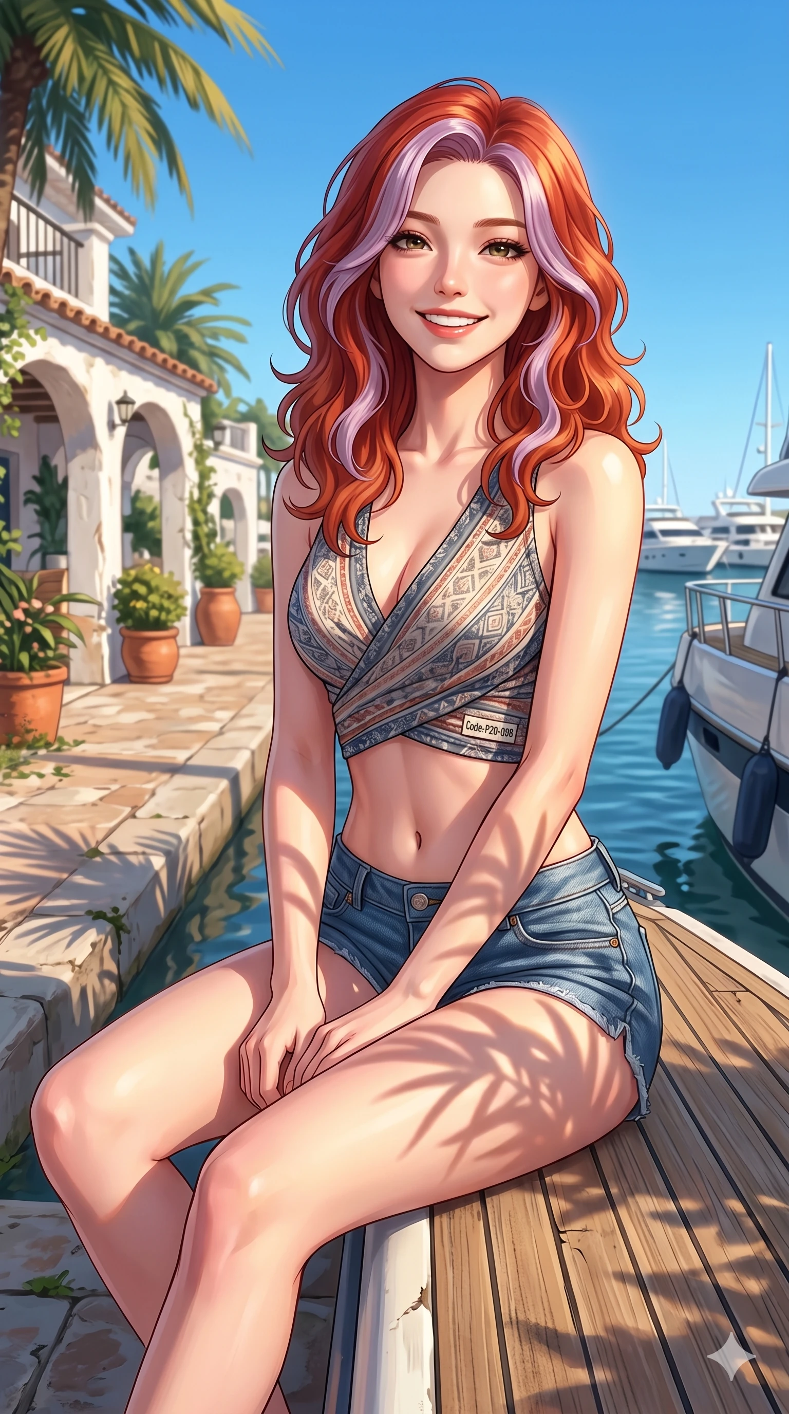 score_9, masterpiece, best quality, ultra-detailed, high-budget anime keyframe, vibrant anime aesthetic, Caucasian woman, strictly human ears. cowboy shot from the thighs up, character and outfit filling the frame for maximum presence. She is sitting on the yacht deck, smiling brightly with a relaxed, happy expression by a tennis club patio under brilliant blue sky (Code-P20-098). She has an absolutely perfect 8-heads proportion, an exceptionally tall and slender female figure with impossibly long slender legs and an ultra-slim waist. V-shaped jawline, high-bridge nose, intricate jewel-like eyes with depth, thick eyelashes, glossy lips with a natural sheen. wearing a wrap top exposing bare midriff and micro-shorts on the deck. She is drenched in warm afternoon sunbeams, casting soft garden shadows on her skin. 2k, ultra detail, master piece, 9:16 ratio
