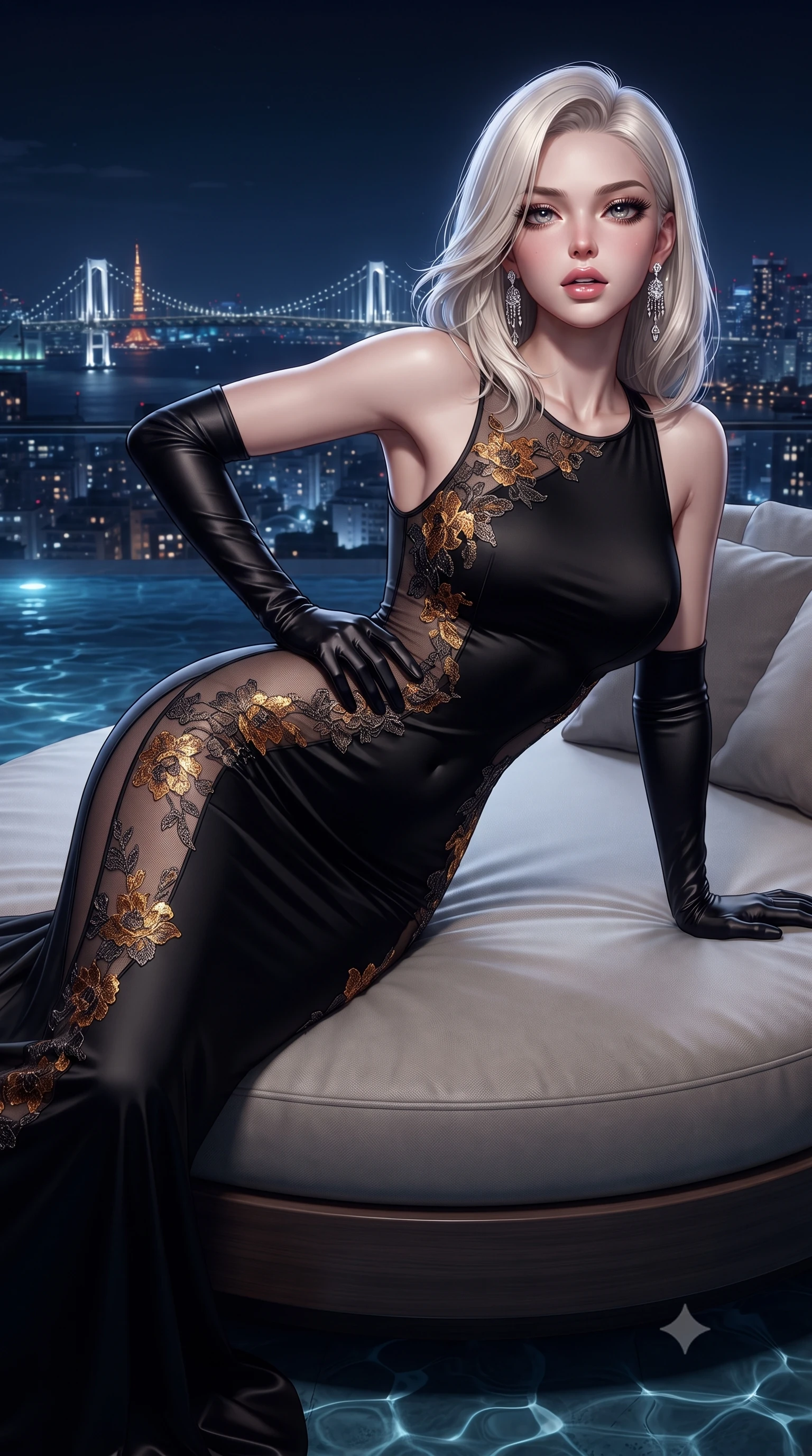 score_9, masterpiece, best quality, ultra-detailed, high-budget anime keyframe, editorial fashion photography, tasteful artistic composition, Caucasian woman. close-up cowboy shot from the waist and thighs up, the character dominates the composition, filling the frame with her large presence. tilting her chin up with proud, sovereign allure while gazing through thick eyelashes, one hand resting on her waist in pure supermodel charisma while stretching languidly across an oversized circular lounge daybed, spine arched as warm midnight city light illuminates her sculpted hip silhouette. The surrounding environment is rendered in vivid detail and crisp panoramic clarity. detailed skyscraper skyline panoramas, distant suspension bridges, and pool water ripples in high resolution. She has an exceptionally elegant, slender, and willowy female figure with an ultra-slim waist, a gracefully sculpted slender torso, toned flat midriff, and rounded feminine hips creating an alluring hourglass silhouette. sharp v-shaped jawline, high-bridge nose, intricate jewel-like eyes with depth, thick eyelashes, glossy parted lips with a natural sheen, intensely captivating and seductive bedroom-eyes expression, flawlessly proportioned anatomical accuracy, strict slender model proportions, natural body alignment, perfectly sculpted long slender limbs, ultra-slim waistline, clean dynamic posture without body distortion. wearing a second-skin black silk jersey maxi dress with asymmetrical sheer mesh side panels tracing the full curve of her hip in molten amber-gold and dark gunmetal, formed from shimmering floral lace over smooth opaque silk lining, complemented by opera-length satin gloves and sparkling chandelier earrings, the form-contouring material adhering flawlessly to her sculpted flat midriff and slender torso, emphasizing her long leg lines and perfectly proportioned willowy build. illuminated by crisp directional edge lights sharply sculpting her slender waist and curvy feminine hips. ultra-reflective glossy finish, specular highlights, rich textural contrasts, high-contrast stereoscopic depth, volumetric dynamic lighting, 2k, ultra detail, master piece, 9:16 ratio
