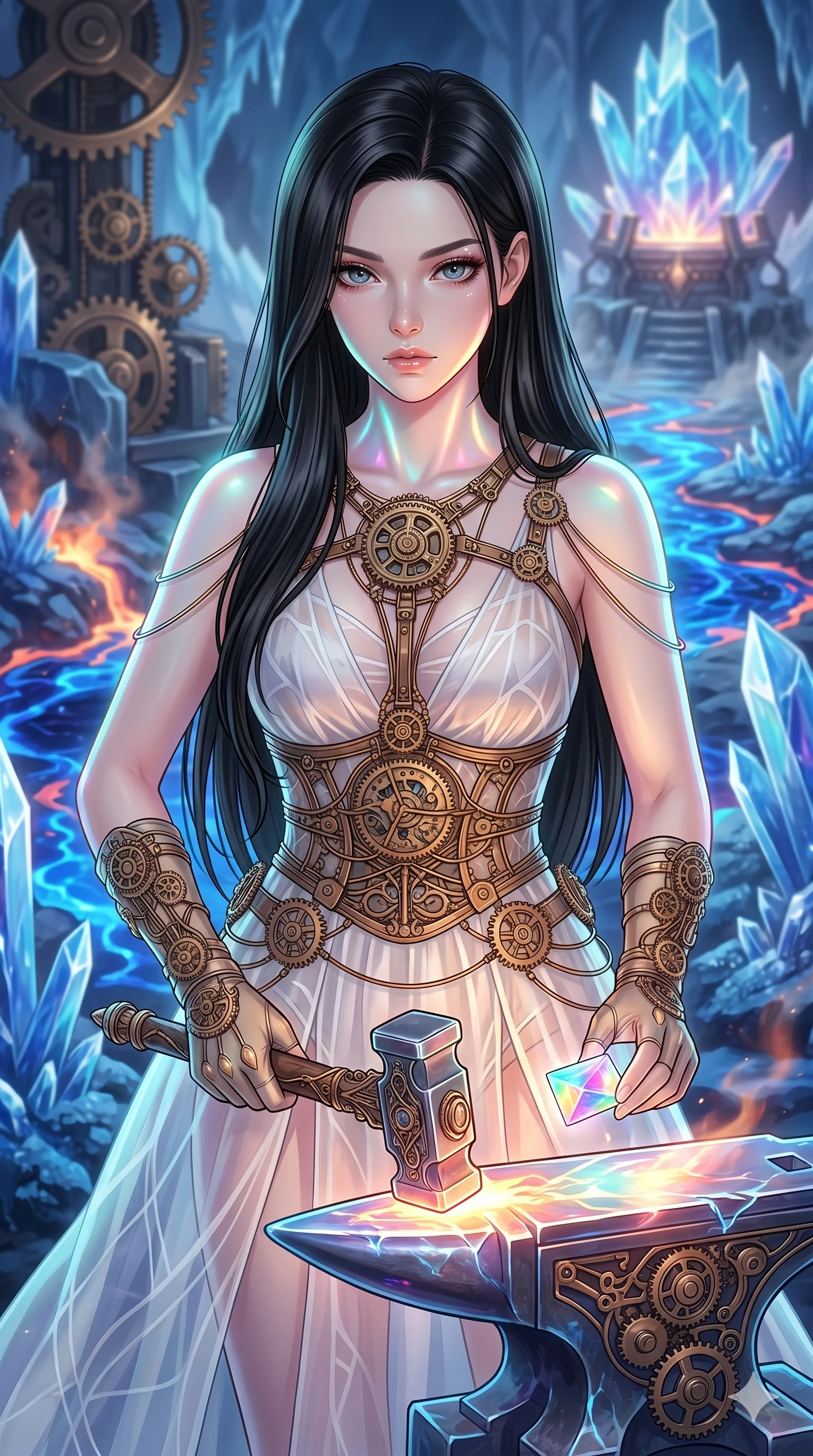 score_9, masterpiece, best quality, ultra-detailed, high-budget anime keyframe, Caucasian woman, strictly human ears. upper body close-up from the thighs up, character filling the screen for maximum presence. forging in a prismatic ice-volcano temple where glowing cobalt-blue liquid magma flows between frozen blue ash crystals. She has an absolutely perfect 8-heads proportion, an exceptionally tall and slender female figure with impossibly long slender legs and an ultra-slim waist. V-shaped jawline, high-bridge nose, intricate jewel-like eyes with depth, thick eyelashes, glossy lips with a natural sheen.. wearing a chrono-gear wire harness couture, featuring micro-bronze gear wire harness cinching her waist, over a sheer white organza dress. enhanced by a luminous pastel spectrum glow, casting elegant rim lights on her shoulders and jawline. 2k, ultra detail, master piece, 9:16 ratio