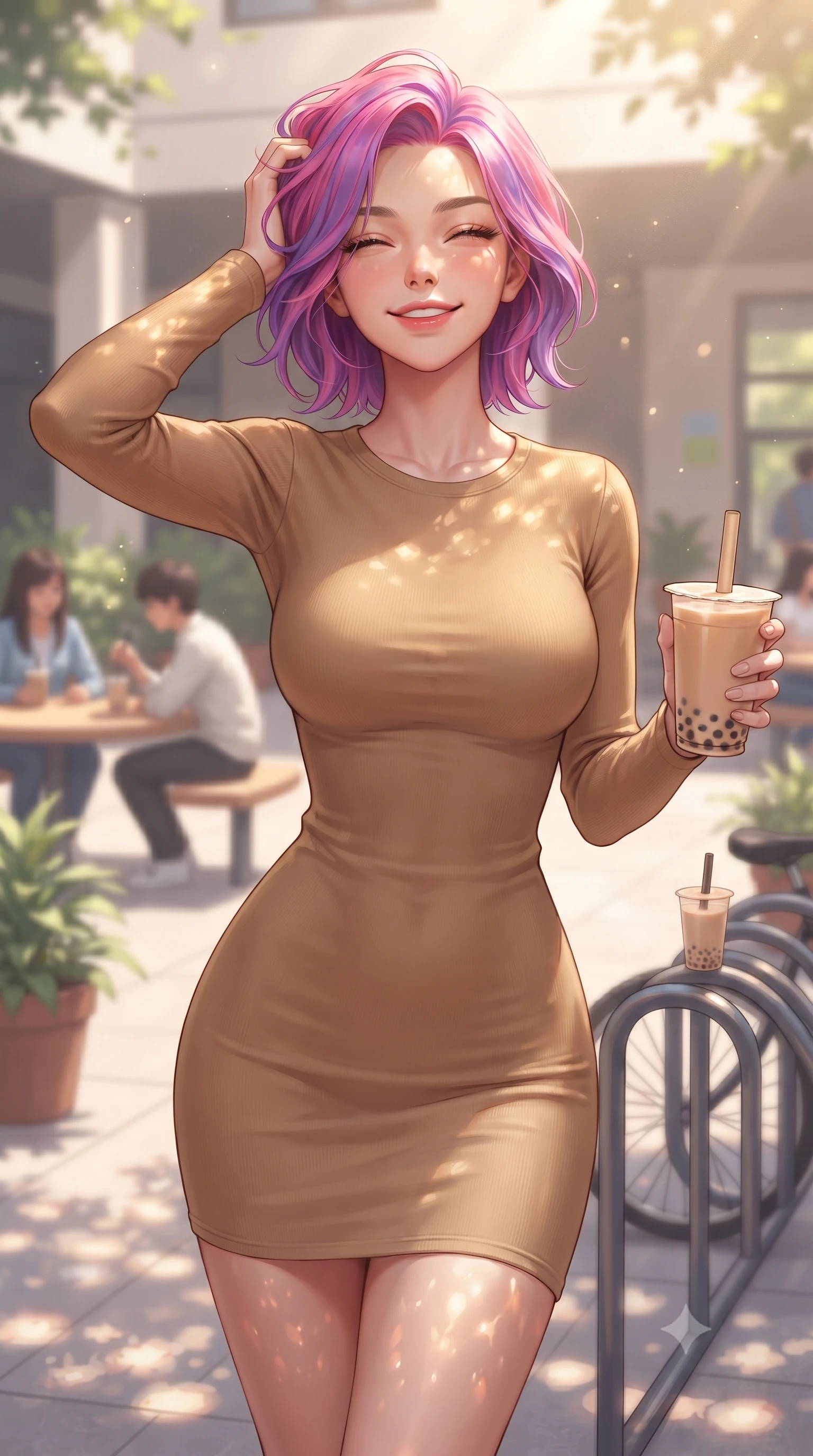 score_9, masterpiece, best quality, ultra-detailed, high-budget anime keyframe, editorial fashion photography, tasteful artistic composition, Caucasian woman. close-up cowboy shot from the waist and thighs up, the character dominates the composition, filling the frame with her large presence, background elements kept in soft focus. smiling happily with closed eyes, enjoying the warm sunbeams on her face set against a soft-focus background of in a sunlit campus courtyard filled with student tables, potted plants, and bicycle racks holding a warm paper cup of milk tea with bubbles. She has an exceptionally elegant, slender, and willowy female figure with an ultra-slim waist, a gracefully sculpted slender torso, and a refined silhouette. sharp v-shaped jawline, high-bridge nose, intricate jewel-like eyes with depth, thick eyelashes, glossy lips with a natural sheen. wearing body-hugging sleek, body-hugging long-sleeve knit dress in camel, outlining her slender silhouette. dappled sunlight creating beautiful light patterns on her skin and the ground. ultra-reflective glossy finish, specular highlights, metallic sheen, high-contrast stereoscopic depth, volumetric dynamic lighting, 2k, ultra detail, master piece, 9:16 ratio