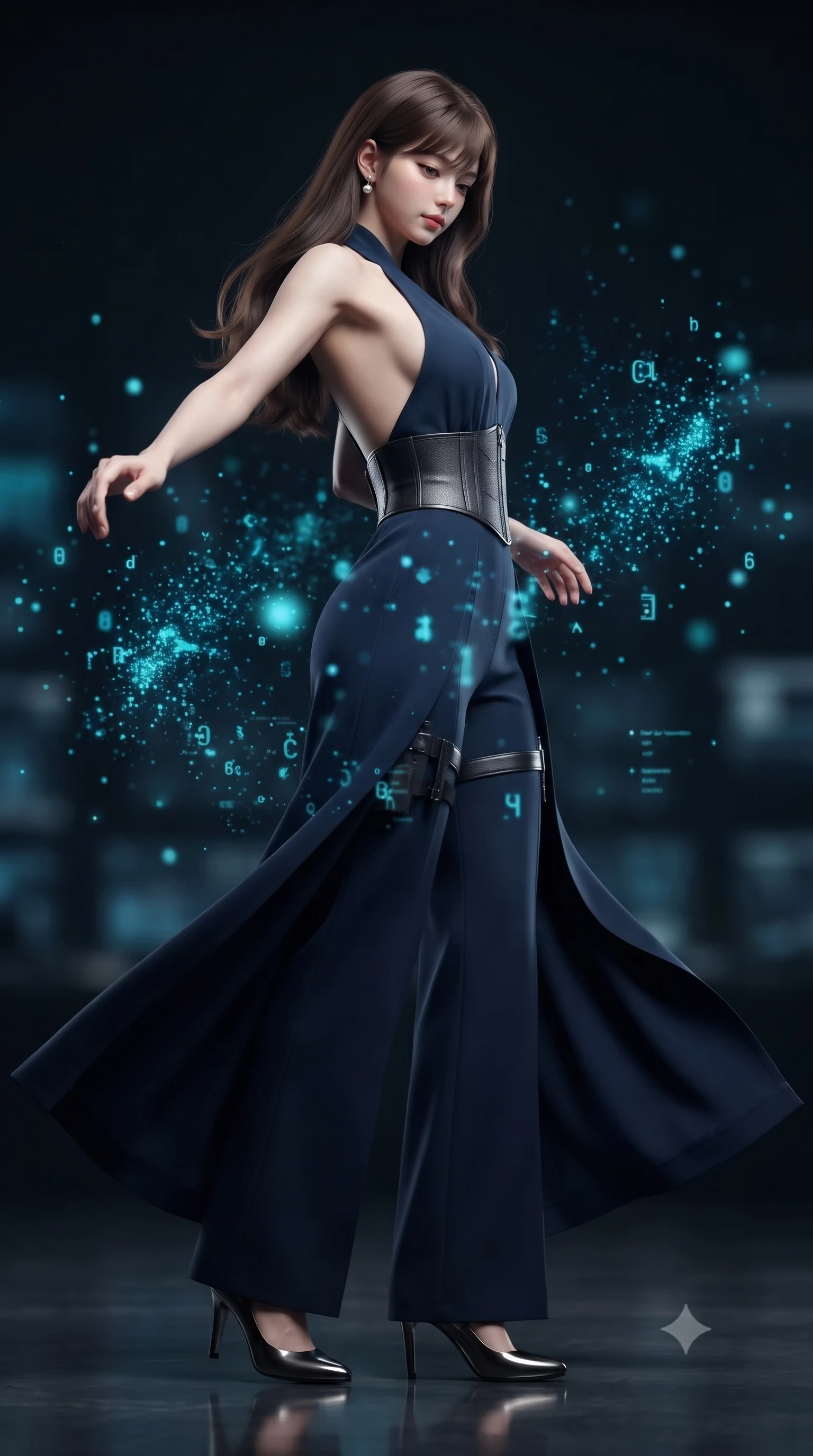 score_9, masterpiece, best quality, ultra-detailed, high-budget anime keyframe, editorial fashion photography, tasteful artistic composition, Korean woman. low angle full-body shot from head to toe showing her feet, filling the entire 9:16 vertical frame with her statuesque presence, stretching her vertical silhouette. executing an elegant mid-motion spin with effortless grace, her garments fluttering softly around her ultra-slim waistline while arching her spine in a fluid stretch while reviewing encrypted satellite telemetry data with a calm, intellectual expression. The composition keeps background elements in soft focus with creamy bokeh. glowing holographic code glyphs and UI particles scattering soft cyan light motes around her. She has an absolutely perfect, statuesque 8.5-heads proportion, an exceptionally tall and slender model-like female figure with impossibly long slender legs, a toned flat midriff, and an ultra-slim waist. sharp v-shaped jawline, high-bridge nose, intricate jewel-like eyes with depth, thick eyelashes, glossy lips with a natural sheen, captivating and magnetic expression, flawlessly proportioned anatomical accuracy, strict slender model proportions, natural body alignment, perfectly sculpted long slender limbs, ultra-slim waistline, clean dynamic posture without body distortion. wearing a high-society undercover halter-neck jumpsuit with a tailored deep-V back and integrated tactical waist cincher in deep midnight blue and brushed gunmetal, tailored from fluid silk crepe with inner ballistic reinforcement, accessorized with a sleek concealed garter holster and pearl ear transmitter edition #14, the breezy yet form-flattering drape swaying gracefully with her steps, accentuating her long willowy limbs and slim waistline. surrounded by a mastermind, elite, and dangerously seductive intelligence director aura. ultra-reflective glossy finish, specular highlights, rich textural contrasts, high-contrast stereoscopic depth, volumetric dynamic lighting, 2k, ultra detail, master piece, 9:16 ratio