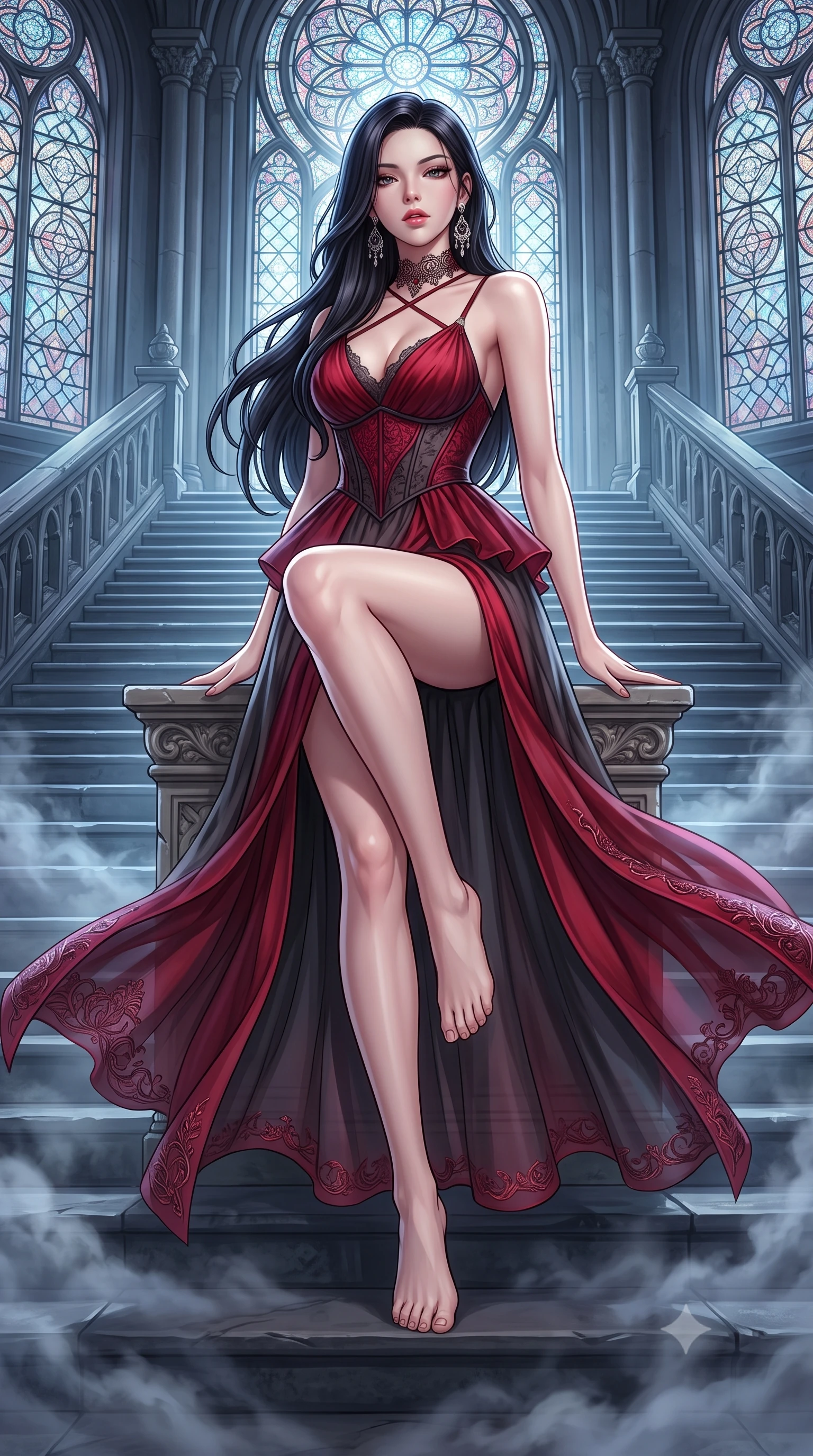 score_9, masterpiece, best quality, ultra-detailed, high-budget anime keyframe, semi-realistic 3D game render, editorial fashion photography, tasteful artistic composition, Korean woman. low angle full-body shot from head to toe showing her feet, filling the entire 9:16 vertical frame with her statuesque presence, stretching her vertical silhouette. sitting poised on the elevated edge with legs crossed and extended, her tall 8.5-heads proportions dominating the scene with effortless poise while descending the cold cathedral steps with fluid supermodel momentum, the night wind fluttering her dark drapery. The surrounding environment is rendered in vivid detail and crisp panoramic clarity. detailed leaded stained-glass patterns, silk dress hem embroidery, and mist layers in high resolution. She has an absolutely perfect, statuesque 8.5-heads proportion, an exceptionally tall and slender model-like female figure with impossibly long slender legs, a toned flat midriff, and an ultra-slim waist. sharp v-shaped jawline, high-bridge nose, intricate jewel-like eyes with depth, thick eyelashes, glossy parted lips with a natural sheen, intensely captivating and seductive expression, flawlessly proportioned anatomical accuracy, strict slender model proportions, natural body alignment, perfectly sculpted long slender limbs, ultra-slim waistline, clean dynamic posture without body distortion. wearing an architectural peplum corset dress with crossed back straps and a high side slit in rich ruby red and dark smoky charcoal, woven from layered gossamer chiffon with a weightless sweeping drape, finished with a dramatic filigree Victorian choker and chandelier earrings, the glove-like aerodynamic second-skin fit tightly clinging to her ultra-slender waist and feminine curves without adding bulk. illuminated by crisp specular highlights defining her sculpted jawline, bare spine, and long limbs. highly saturated vibrant anime colors, detailed shading with soft gradients, rich glossy textures, high-contrast stereoscopic depth, volumetric dynamic lighting, master piece, 9:16 ratio