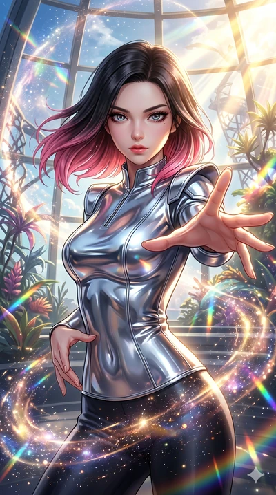 score_9, masterpiece, best quality, ultra-detailed, high-budget anime keyframe, semi-realistic 3D game render, Korean woman. Upper body close-up from the thighs up, character filling the screen for maximum presence. She is posing with dynamic energy 