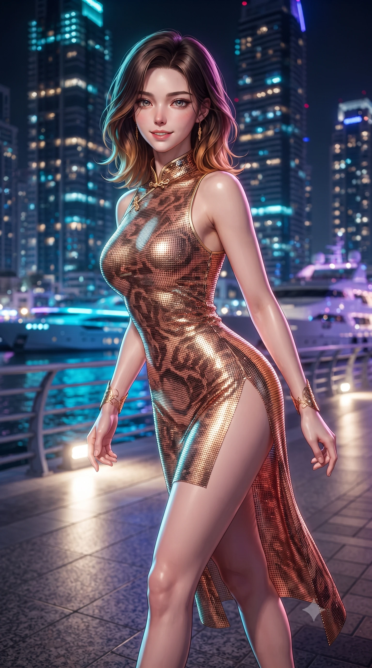 score_9, masterpiece, best quality, ultra-detailed, high-budget anime keyframe, editorial fashion photography, tasteful artistic composition, Korean woman. close-up cowboy shot from the waist and thighs up, the character dominates the composition, filling the frame with her large presence. leaning forward while arching her lower back to accentuate her curvy hips, looking into the camera with an intoxicating smoldering gaze and bedroom-eyes while striding dynamically along the polished granite waterfront boardwalk, hips swaying with supermodel rhythm as her high-slit gown catches the breeze. The background shows a soft-focus colossal glass skyscrapers soaring hundreds of meters into the night sky, neon-lit luxury mega-yachts, and glowing canal waters blurred into cyan, violet, and gold bokeh. She has an exceptionally elegant, slender, and willowy female figure with an ultra-slim waist, flat toned midriff, narrow ribcage, and sculpted feminine hips creating an alluring, slim hourglass silhouette without bulk. sharp v-shaped jawline, high-bridge nose, intricate jewel-like sparkling eyes with depth, thick eyelashes, glossy parted lips with a natural peach sheen, bright cheerful beaming smile with an enchanting and coquettish sensual glint, exuding both youthful cute charm and seductive allure, flawlessly proportioned anatomical accuracy, strict slender model proportions, natural body alignment, perfectly sculpted long slender limbs, ultra-slim waistline, clean dynamic posture without body distortion. wearing a modern cheongsam-inspired form-fitting sleeveless mini dress with mandarin collar and dramatic hip-high side slits in Milanese terracotta rose and warm espresso, made of shimmering fluid gold chainmail mesh reflecting ambient chandelier light, accented with delicate golden wrist cuffs reflecting warm chandelier light, the liquid-tight tailored fabric clinging flawlessly to her narrow waist and rounded feminine hips, emphasizing every millimeter of her sculpted slim hourglass curves without any bulky heaviness. illuminated by ground uplights and sharp multi-colored rim lights sharply sculpting her slender torso, narrow waist, and curvy hips. ultra-reflective glossy finish, specular highlights, rich textural contrasts, high-contrast stereoscopic depth, volumetric dynamic lighting, 2k, ultra detail, master piece, 9:16 ratio