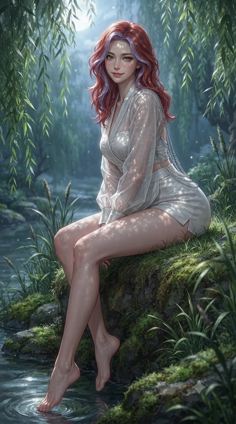 score_9, masterpiece, best quality, ultra-detailed, high-budget anime keyframe, editorial fashion photography, tasteful artistic composition, Caucasian woman. close-up cowboy shot from the waist and thighs up, the character dominates the composition, filling the frame with her large presence. leaning forward while arching her lower back to accentuate her curvy hips, looking into the camera with an intoxicating smoldering gaze and bedroom-eyes while sitting perched on the grassy mossy bank with legs dangling gracefully toward the water, flashing a radiant yet seductive half-smile. The surrounding environment is rendered in vivid detail and crisp panoramic clarity: detailed sheer gossamer hanbok blouse tailoring, silk bandeau cling, and natural riparian landscape in razor-sharp clarity. She has an exceptionally elegant, slender, and willowy female figure with an ultra-slim waist, flat toned midriff, narrow ribcage, and sculpted feminine hips creating an alluring, slim hourglass silhouette without bulk. sharp v-shaped jawline, high-bridge nose, sparkling eyes with hypnotic seductive depth, thick curled eyelashes, glossy parted lips with a natural dewy peach sheen, alluring bedroom-eyes with an enchanting coquettish smile, exuding magnetic siren charisma and sophisticated glamour, flawlessly proportioned anatomical accuracy, strict slender model proportions, natural body alignment, perfectly sculpted long slender limbs, ultra-slim waistline, clean dynamic posture without body distortion. wearing a deep V-neck wrap jeogori blouse layered over an opaque silk bandeau and high-waisted wrap shorts in celestial pearl white and moonlight platinum, woven from bespoke Korean ramie fabric with crisp tactile slub texture, accented with an open-back drape framed by falling strands of delicate chrome chains, the bespoke structured tailoring following the natural line of her 8.5-heads silhouette with refined elegance. bathed in ethereal silver moonlight filtering through weeping willow leaves creating intricate dappled shadow patterns. ultra-reflective glossy finish, specular highlights, rich textural contrasts, high-contrast stereoscopic depth, volumetric dynamic lighting, 2k, ultra detail, master piece, 9:16 ratio