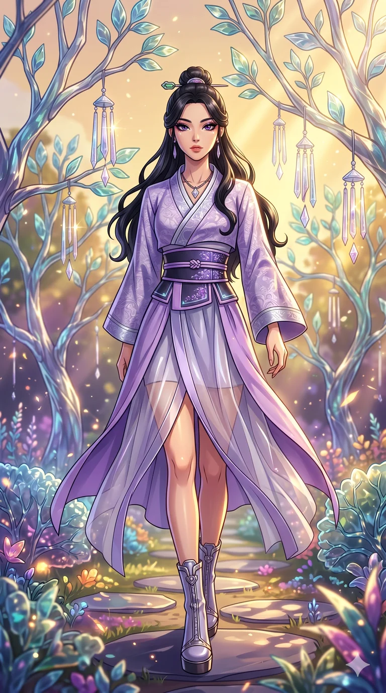 score_9, masterpiece, best quality, ultra-detailed, High-budget Anime Keyframe, beautiful Korean anime girl. Low angle cowboy shot filling the entire 9:16 frame with her overwhelming presence. Walking through a garden of glass trees that chime in the wind under a golden sun. She has an absolutely perfect 8-heads proportion, an exceptionally tall and slender female figure with impossibly long slender legs and an ultra-slim waist. Sharp v-shaped jawline, high-bridge nose, intricate jewel-like eyes with depth, thick eyelashes, glossy lips with a natural sheen. Wearing a Modern Traditional outfit: lavender shortened cyber-hanbok, kimono-style wrap with wide obi, fusion silk robes with transparent panels. Background is a bright and colorful environment with cinematic lighting, dynamic particle effects, and high-contrast shadows. 2k, ultra detail, master piece, 9:16 ratio