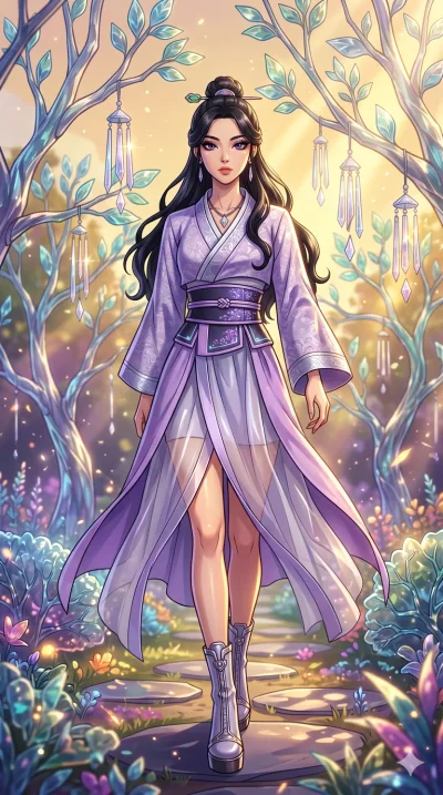 score_9, masterpiece, best quality, ultra-detailed, High-budget Anime Keyframe, beautiful Korean anime girl. Low angle cowboy shot filling the entire 9:16 frame with her overwhelming presence. Walking through a garden of glass trees that chime in the
