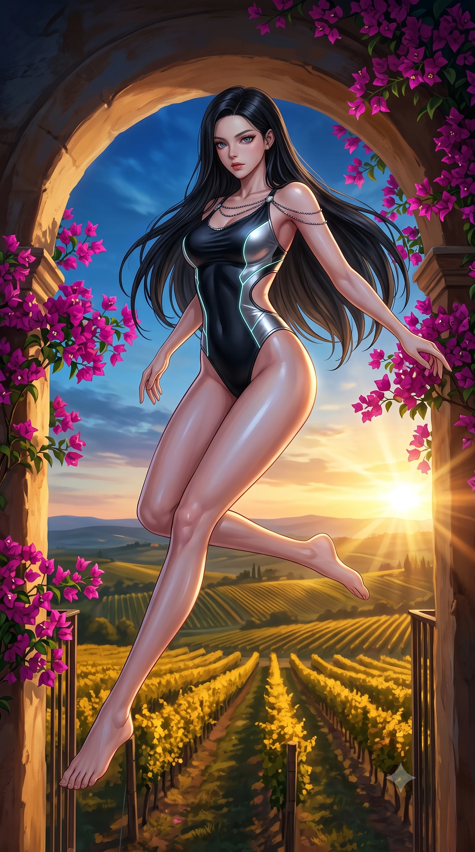 score_9, masterpiece, best quality, ultra-detailed, high-budget anime keyframe, editorial fashion photography, tasteful artistic composition, Korean woman. low angle full-body shot from head to toe showing her feet, filling the entire 9:16 vertical frame with her statuesque presence, stretching her vertical silhouette. leaping gracefully through the environment with statuesque elegance and long slender legs looking out from an archway balcony over rolling golden Tuscan vineyards at dusk, vivid magenta bougainvillea flowers creating colorful organic framing. She has an absolutely perfect, statuesque 8.5-heads proportion, an exceptionally tall and slender model-like female figure with impossibly long slender legs and an ultra-slim waist. sharp v-shaped jawline, high-bridge nose, intricate jewel-like eyes with depth, thick eyelashes, glossy lips with a natural sheen. wearing a skin-tight cybernetic bodysuit with glowing neon seams and side cutouts in matte black and polished silver, crafted from lustrous satin jersey with fluid draping, adorned with delicate metallic chain straps along the neckline, the elegant draped fit framing her graceful clavicle and slender torso. bathed in bright white Mediterranean sunbeams and deep blue sky reflections. highly saturated vibrant anime colors, detailed shading with soft gradients, rich glossy textures, high-contrast stereoscopic depth, volumetric dynamic lighting, master piece, 9:16 ratio