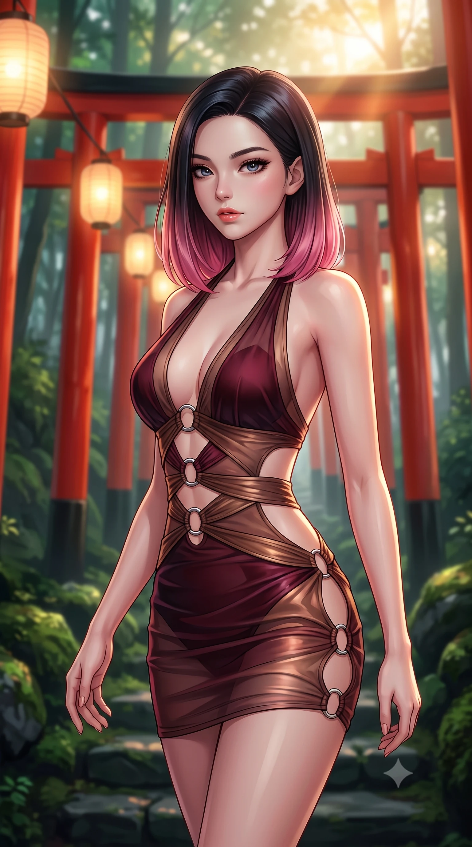score_9, masterpiece, best quality, ultra-detailed, high-budget anime keyframe, editorial fashion photography, tasteful artistic composition, Korean woman. close-up cowboy shot from the waist and thighs up, the character dominates the composition, filling the frame with her large presence, background elements kept in soft focus. Leaning slightly forward with a composed, seductive gaze under soft glowing light walking along a pathway lined with thousands of red torii gates in a misty forest, vivid red vermilion torii gates contrasting with deep green moss stone. She has an exceptionally elegant, slender, and willowy female figure with an ultra-slim waist, a gracefully sculpted slender torso, and a refined silhouette. sharp v-shaped jawline, high-bridge nose, intricate jewel-like eyes with depth, thick eyelashes, glossy lips with a natural sheen. wearing a deep-scoop halter bodycon dress with hip cutouts connected by silver rings in deep burgundy and bronze, woven from fine semi-opaque sheer organza, featuring clean architectural cutouts along her slender torso, the form-contouring material highlighting her ultra-slim waist and long lines. illuminated by soft glowing paper lantern light and warm sunbursts. highly saturated vibrant anime colors, detailed shading with soft gradients, rich glossy textures, high-contrast stereoscopic depth, volumetric dynamic lighting, master piece, 9:16 ratio