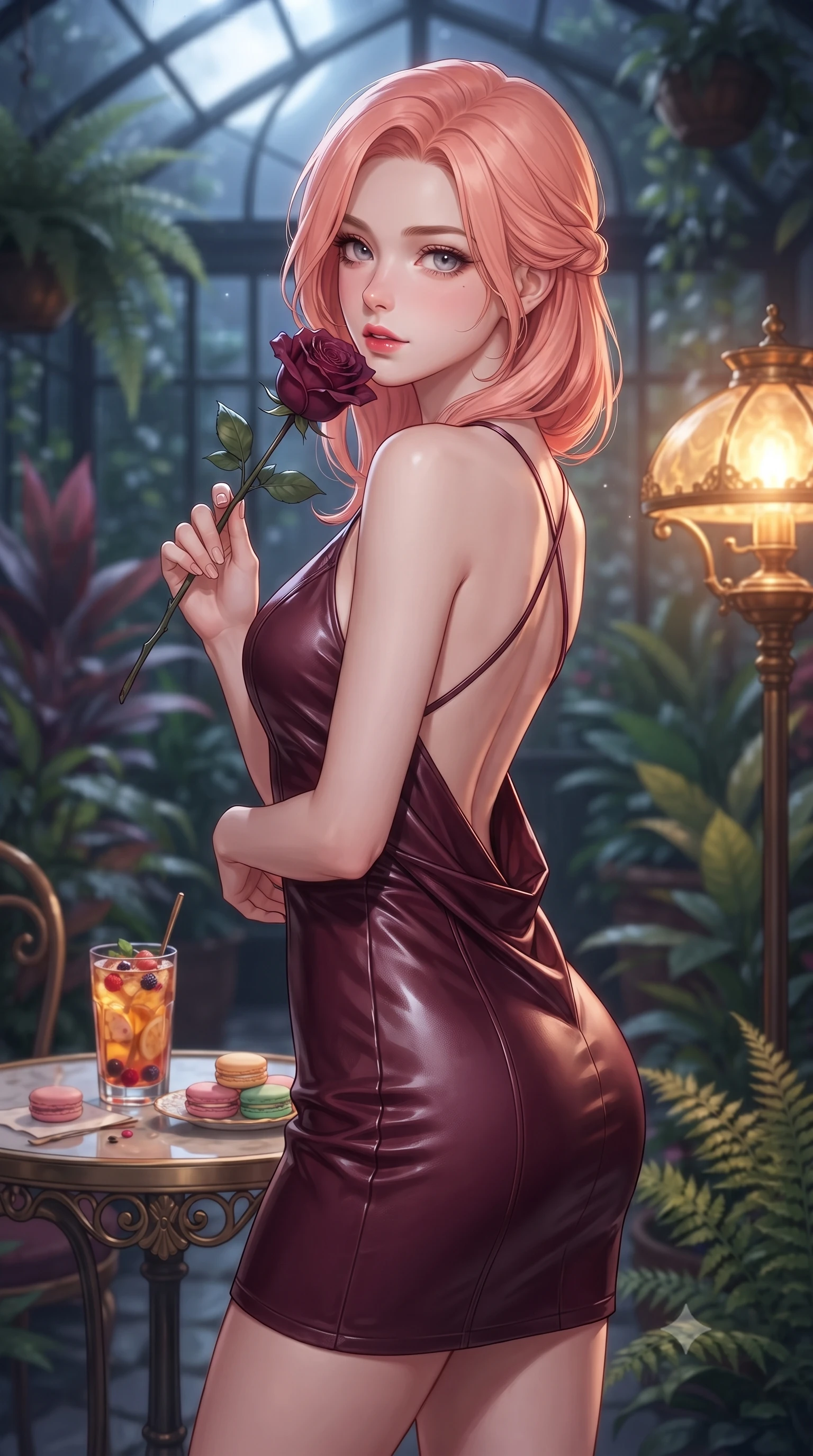 score_9, masterpiece, best quality, ultra-detailed, high-budget anime keyframe, editorial fashion photography, tasteful artistic composition, Japanese woman. close-up cowboy shot from the waist and thighs up, the character dominates the composition, filling the frame with her large presence, background elements kept in soft focus. gasping softly with a charming expression, holding a rose stem near her cheek with a magnetic stare set against a soft-focus background of inside an exclusive botanical greenhouse with a glass of iced fruit tea and delicate macaron pastries arranged on the table. She has an exceptionally elegant, slender, and willowy female figure with an ultra-slim waist, a gracefully sculpted slender torso, and a refined silhouette. sharp v-shaped jawline, high-bridge nose, intricate jewel-like eyes with depth, thick eyelashes, glossy lips with a natural sheen. wearing tailored deep burgundy glossy leather backless linen halter dress featuring delicate straps and a draped open-back design featuring refined tailored seams. illuminated by soft silver moonlight contrasting with the warm amber glow of a nearby lamp. highly saturated vibrant anime colors, detailed shading with soft gradients, rich glossy textures, high-contrast stereoscopic depth, volumetric dynamic lighting, master piece, 9:16 ratio
