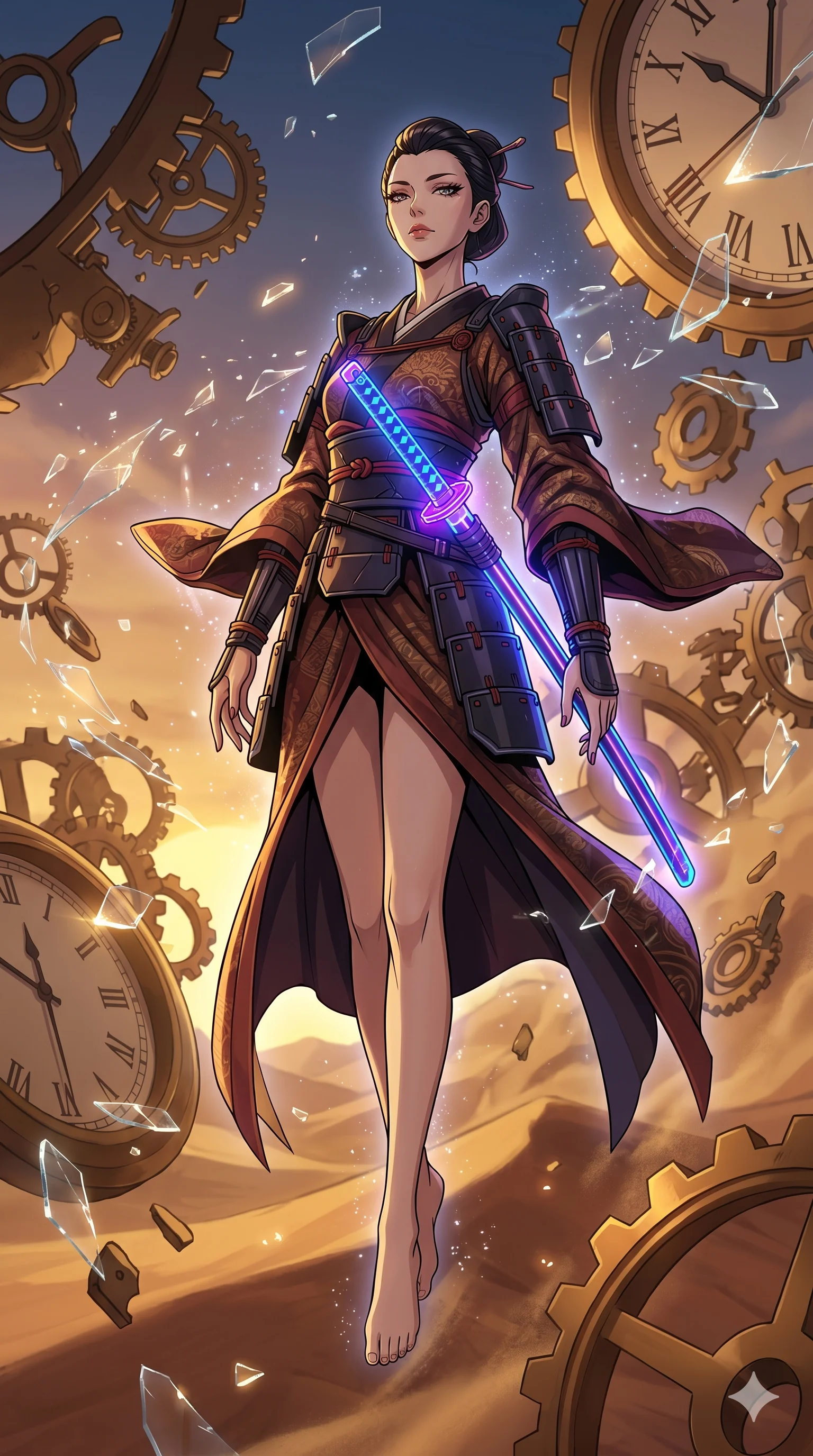score_9, masterpiece, best quality, ultra-detailed, Set A: High-budget Anime Keyframe, Japanese woman. Low angle cowboy shot filling the entire 9:16 frame with her statuesque presence. Floating through a clockwork desert, as gravity fails and everything around her floats in state 146 and surrounded by shattered glass fragments. She has an absolutely perfect 8-heads proportion, an exceptionally tall and slender female figure with impossibly long slender legs and an ultra-slim waist. Sharp v-shaped jawline, high-bridge nose, intricate jewel-like eyes with depth, thick eyelashes, glossy lips with a natural sheen. Wearing Cyber-samurai gear with a short silk kimono and glowing neon katana sheath. Cinematic lighting, vibrant colors, dramatic shadows, 2k, ultra detail, master piece, 9:16 ratio
