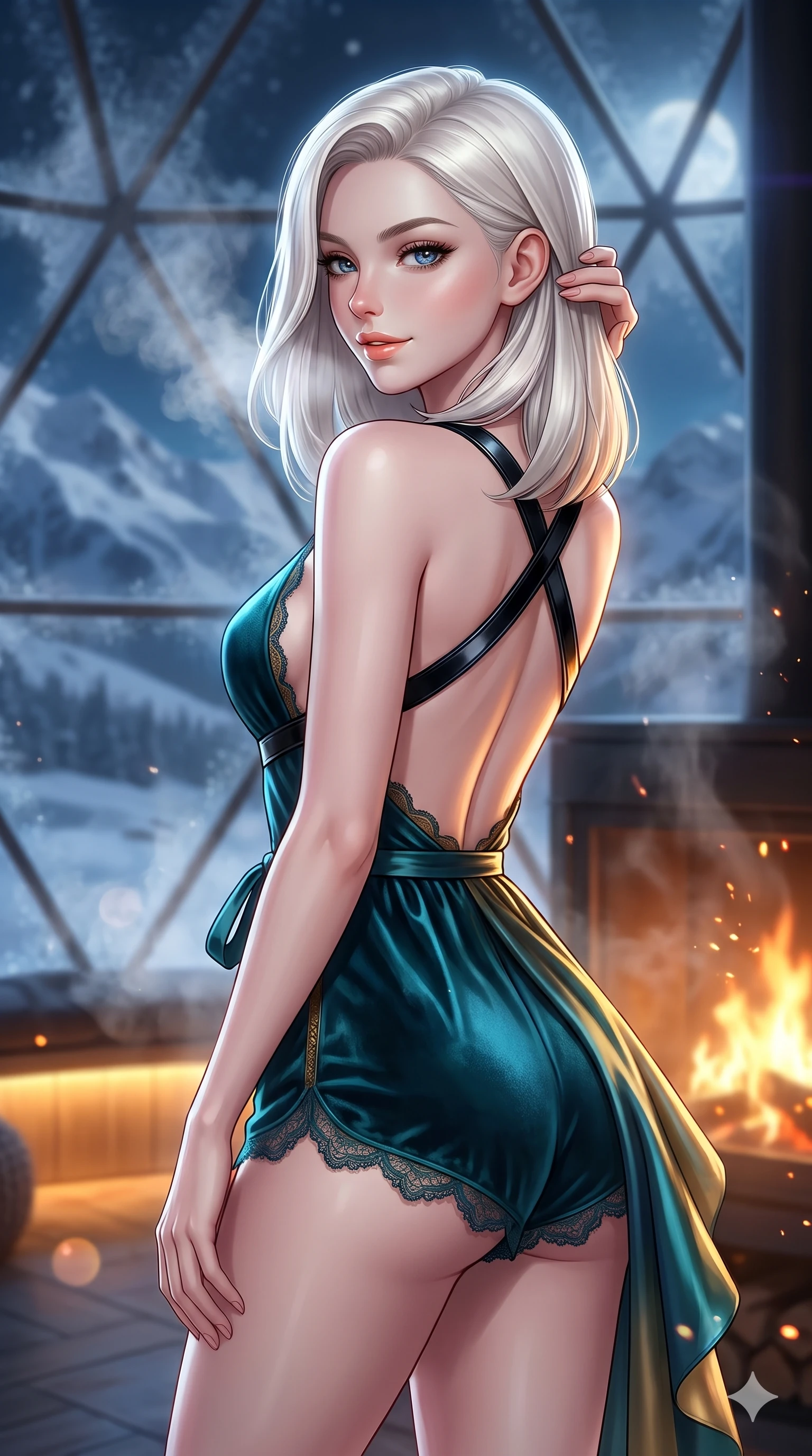score_9, masterpiece, best quality, ultra-detailed, high-budget anime keyframe, semi-realistic 3D game render, editorial fashion photography, tasteful artistic composition, Caucasian woman. close-up cowboy shot from the waist and thighs up, the character dominates the composition, filling the frame with her large presence. gently brushing a lock of glossy hair behind her ear while casting a playful, flirtatious side-gaze with long eyelashes through the rising steam while posing in an alluring rear three-quarter angle beside the fire, looking over a bare shoulder with parted glossy lips, hips cocked back to highlight her slim hourglass curve. The background shows a soft-focus dancing fireplace embers, panoramic snow-covered mountain ridges under moonlight, and frosted geodesic glass facets blurred into warm gold, icy azure, and diamond white bokeh. She has an exceptionally elegant, slender, and willowy female figure with an ultra-slim waist, flat toned midriff, narrow ribcage, and sculpted feminine hips creating an alluring, slim hourglass silhouette without bulk. sharp v-shaped jawline, high-bridge nose, sparkling eyes with hypnotic seductive depth, thick curled eyelashes, glossy parted lips with a natural dewy peach sheen, alluring bedroom-eyes with an enchanting coquettish smile, exuding magnetic siren charisma and sophisticated glamour, flawlessly proportioned anatomical accuracy, strict slender model proportions, natural body alignment, perfectly sculpted long slender limbs, ultra-slim waistline, clean dynamic posture without body distortion. wearing a plunge-neck stretch velvet romper with scalloped eyelash-lace hems and a cinched waist ribbon in deep peacock teal and burnished antique brass, woven from high-luster liquid silk charmeuse that cascades with rippling liquid brilliance, featuring an open-back criss-cross harness strap in patent black leather, the form-contouring silhouette accentuating her sculpted flat midriff, narrow delicate ribcage, and gracefully curvy hips with intoxicating allure. bathed in warm 2600K amber under-bench LED lighting contrasting with arctic twilight blue through the glass. highly saturated vibrant anime colors, detailed shading with soft gradients, rich glossy textures, high-contrast stereoscopic depth, volumetric dynamic lighting, master piece, 9:16 ratio