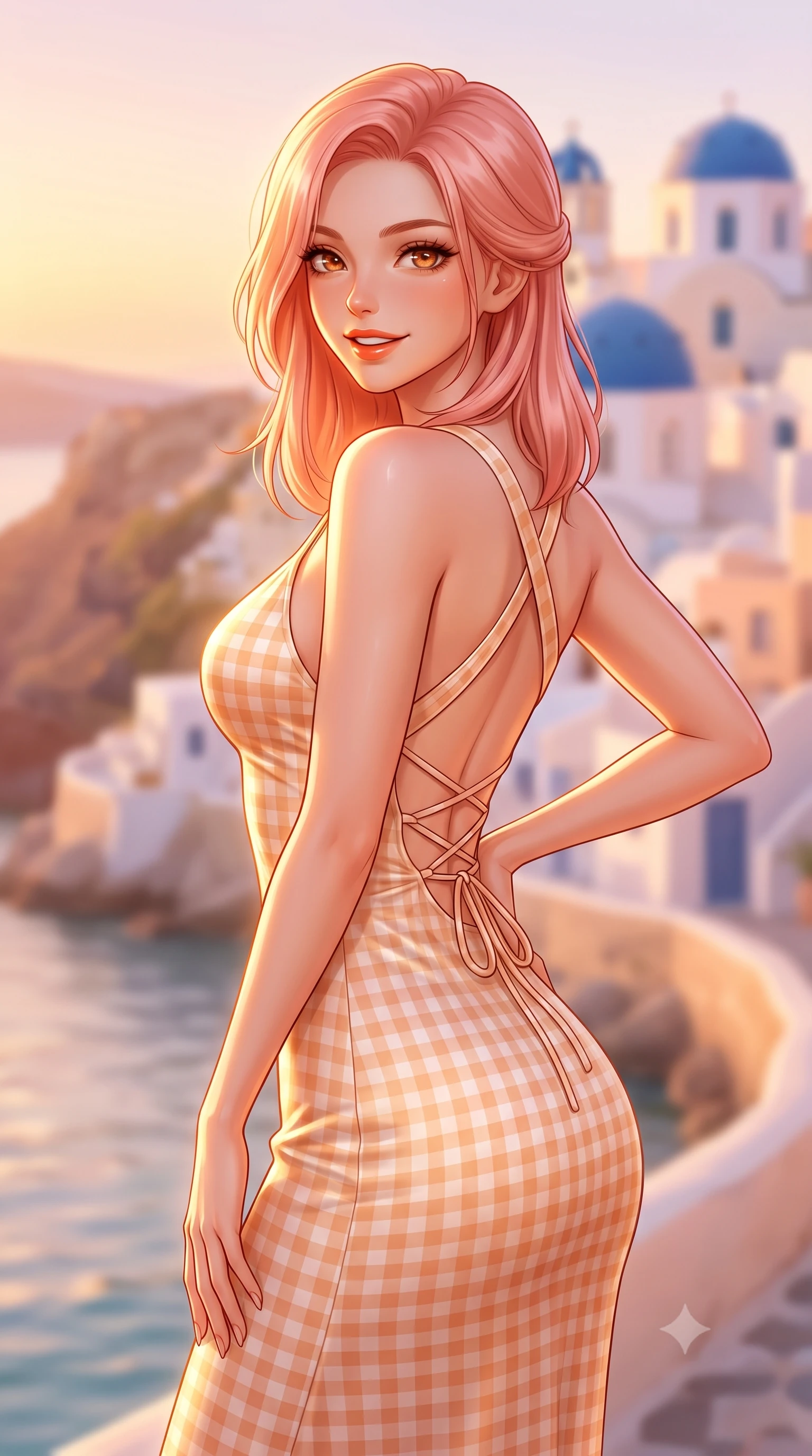 score_9, masterpiece, best quality, ultra-detailed, high-budget anime keyframe, semi-realistic 3D game render, editorial fashion photography, tasteful artistic composition, Japanese woman. close-up cowboy shot from the waist and thighs up, the character dominates the composition, filling the frame with her large presence. twisting her slender torso in an alluring contrapposto stance, one hand resting on her sculpted hip while flashing a charming, playful smile with parted glossy lips while twisting her slender torso in an alluring contrapposto stance beside the water, her sleek resort silhouette highlighted by golden hour glow. The composition keeps background elements in soft focus with dreamy creamy bokeh. cascading whitewashed cliffside cave houses and distant blue church domes blurred into pastel peach, lavender, and champagne bokeh. She has an exceptionally elegant, slender, and willowy female figure with an ultra-slim waist, flat toned midriff, narrow ribcage, and sculpted feminine hips creating an alluring, slim hourglass silhouette without bulk. sharp v-shaped jawline, high-bridge nose, sparkling amber-hazel eyes with depth, long lush eyelashes, glossy sun-kissed lips with a warm coral glaze, radiant teasing smile with sensual sunlit bedroom-eyes, exuding effortless old-money elegance and intoxicating sun-drenched allure, flawlessly proportioned anatomical accuracy, strict slender model proportions, natural body alignment, perfectly sculpted long slender limbs, ultra-slim waistline, clean dynamic posture without body distortion. wearing a backless lace-up gingham sundress in soft apricot with a form-fitting bodice and hip-defining silhouette in warm champagne ivory and sun-kissed golden sand, made of smooth fluid silk satin with a delicate pearlescent golden sheen, finished with criss-cross back satin straps highlighting her graceful shoulder blades, the precision-cut side openings and low-back scoop framing her graceful spine and the sensual sweep of her slim, sun-kissed hips. bathed in intense, glowing Mediterranean golden hour sunlight that bathes every surface in warm amber and gold. highly saturated vibrant anime colors, detailed shading with soft gradients, rich glossy textures, high-contrast stereoscopic depth, volumetric dynamic lighting, master piece, 9:16 ratio