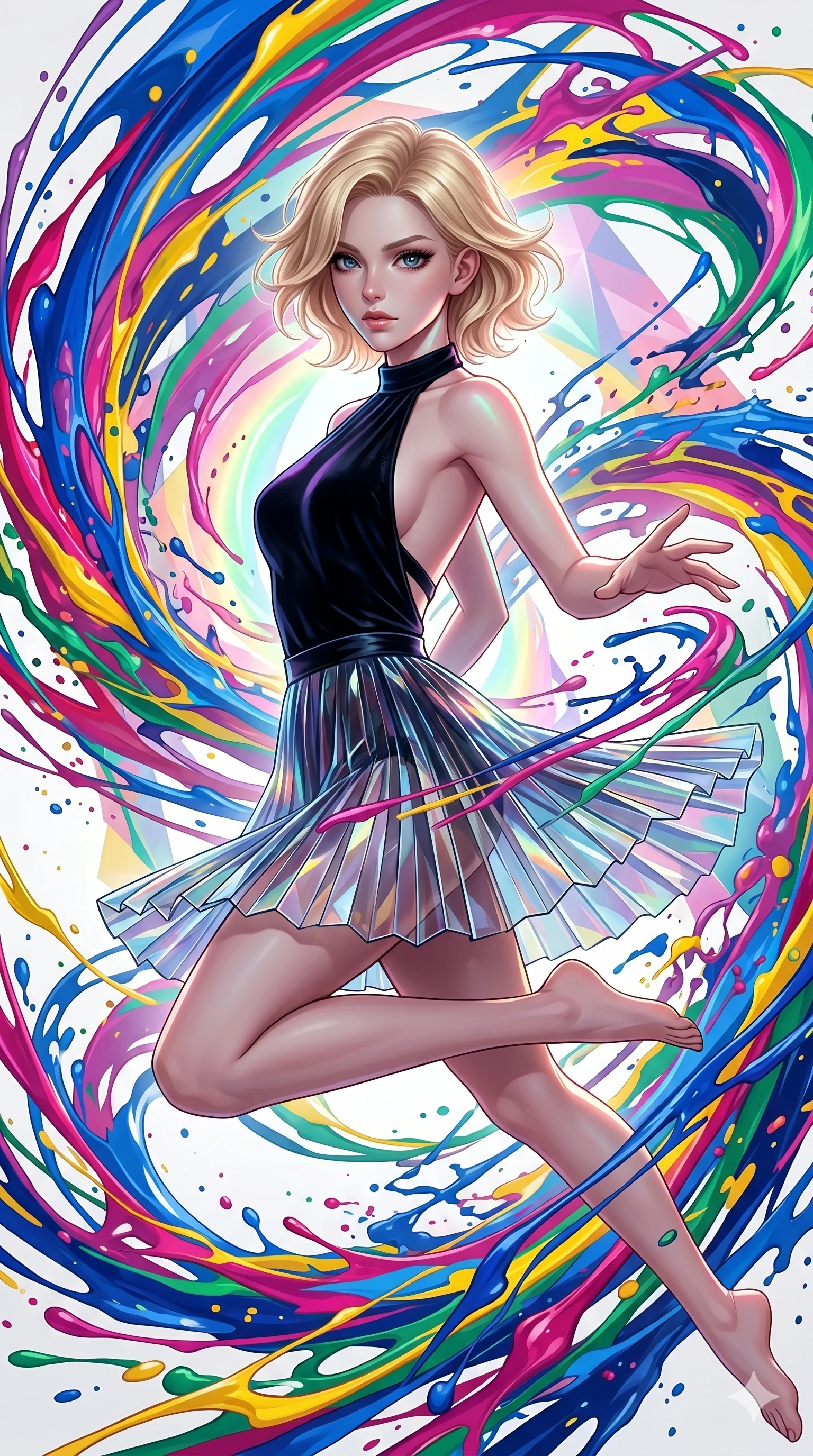score_9, masterpiece, best quality, ultra-detailed, high-budget anime keyframe, Caucasian woman, strictly human ears. upper body close-up from the thighs up, character filling the screen for maximum presence. leaping into a vorticist paint splatter dimension where thousands of vivid acrylic paint ribbons and splatters swirl around her in a white gallery void. She has an absolutely perfect 8-heads proportion, an exceptionally tall and slender female figure with impossibly long slender legs and an ultra-slim waist. V-shaped jawline, high-bridge nose, intricate jewel-like eyes with depth, thick eyelashes, glossy lips with a natural sheen.. wearing a fractal glass pleated skirt and a backless black velvet halter neck top, creating a dramatic and elegant silhouette. enhanced by a luminous pastel spectrum glow, casting elegant rim lights on her shoulders and jawline. 2k, ultra detail, master piece, 9:16 ratio