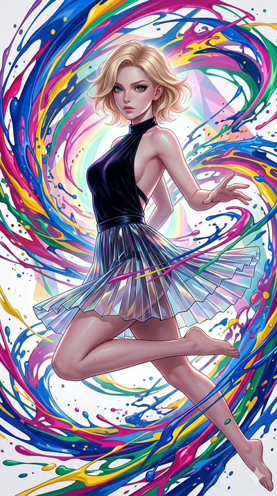 score_9, masterpiece, best quality, ultra-detailed, high-budget anime keyframe, Caucasian woman, strictly human ears. upper body close-up from the thighs up, character filling the screen for maximum presence. leaping into a vorticist paint splatter d