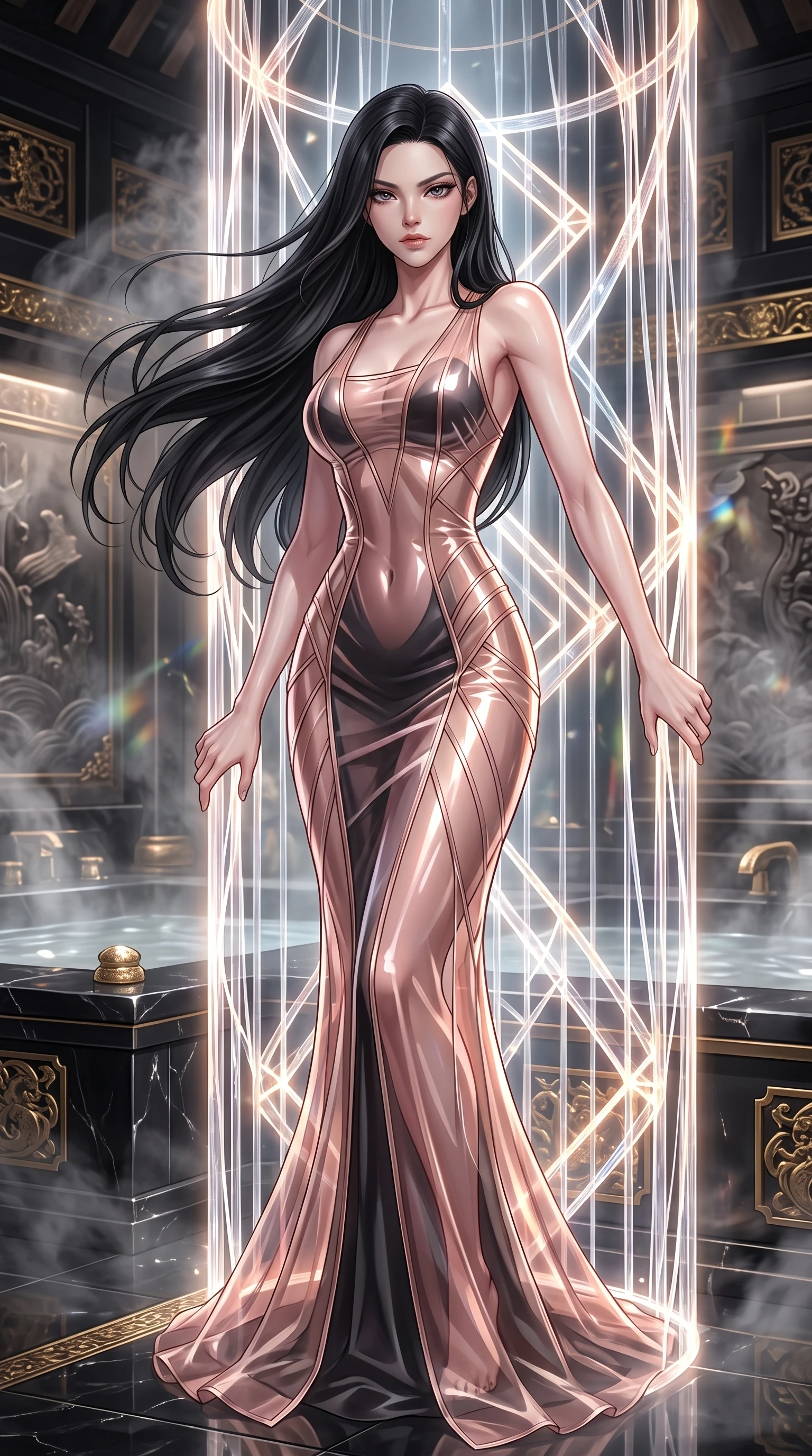 score_9, masterpiece, best quality, ultra-detailed, High-budget Anime Keyframe, East Asian woman. Low angle cowboy shot filling the entire 9:16 frame with her statuesque presence. Scenario 536: trapped in a cage of glowing crystalline fibers, her body pressing against the bars, in a steam-filled bathhouse built of black obsidian stone and gold accents. Her presence is magnetic and overpowering in this high-budget anime scene. Outfit 536: a slim-fit rose-gold translucent PVC gown featuring layered translucent panels over a sleek slip dress. The clothing is designed to emphasize her exceptionally tall and slender 8-heads proportion. 8-heads proportion, towering silhouette, ultra-slim waist. sharp v-shaped jawline, intricate jewel-like eyes with depth, thick eyelashes, glossy lips. 2k, ultra detail, master piece, 9:16 ratio